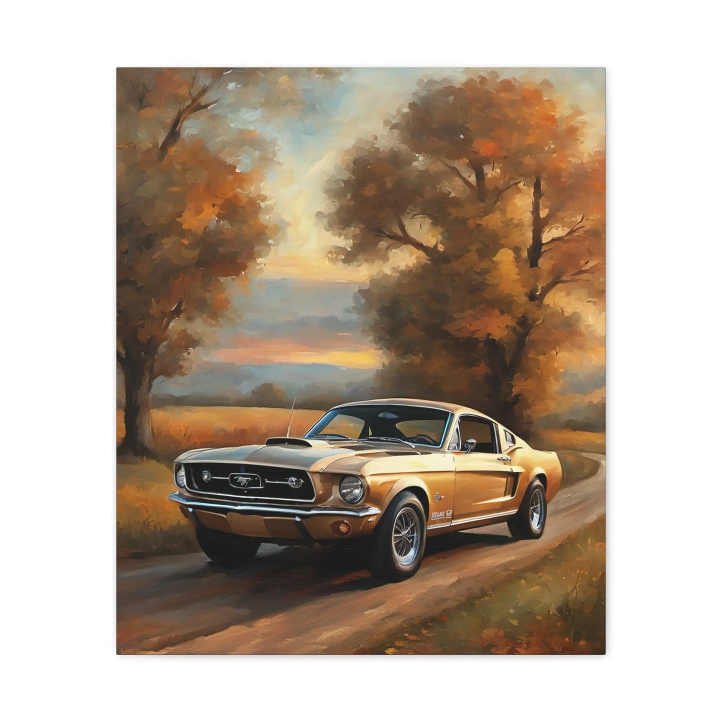 Vintage countryside car artwork featuring a classic Mustang on a winding road amidst autumn trees