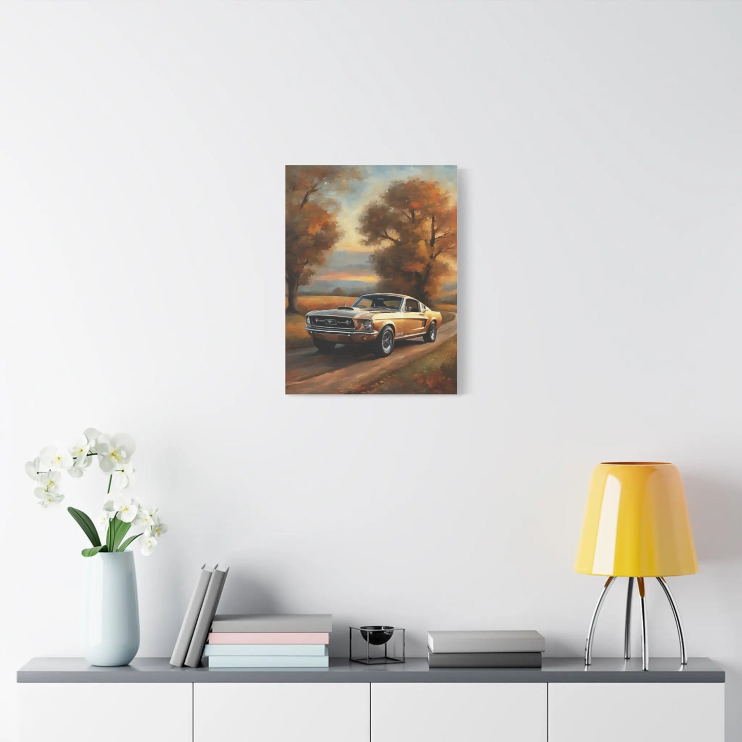 Countryside car artwork featuring a classic car on a scenic road surrounded by trees