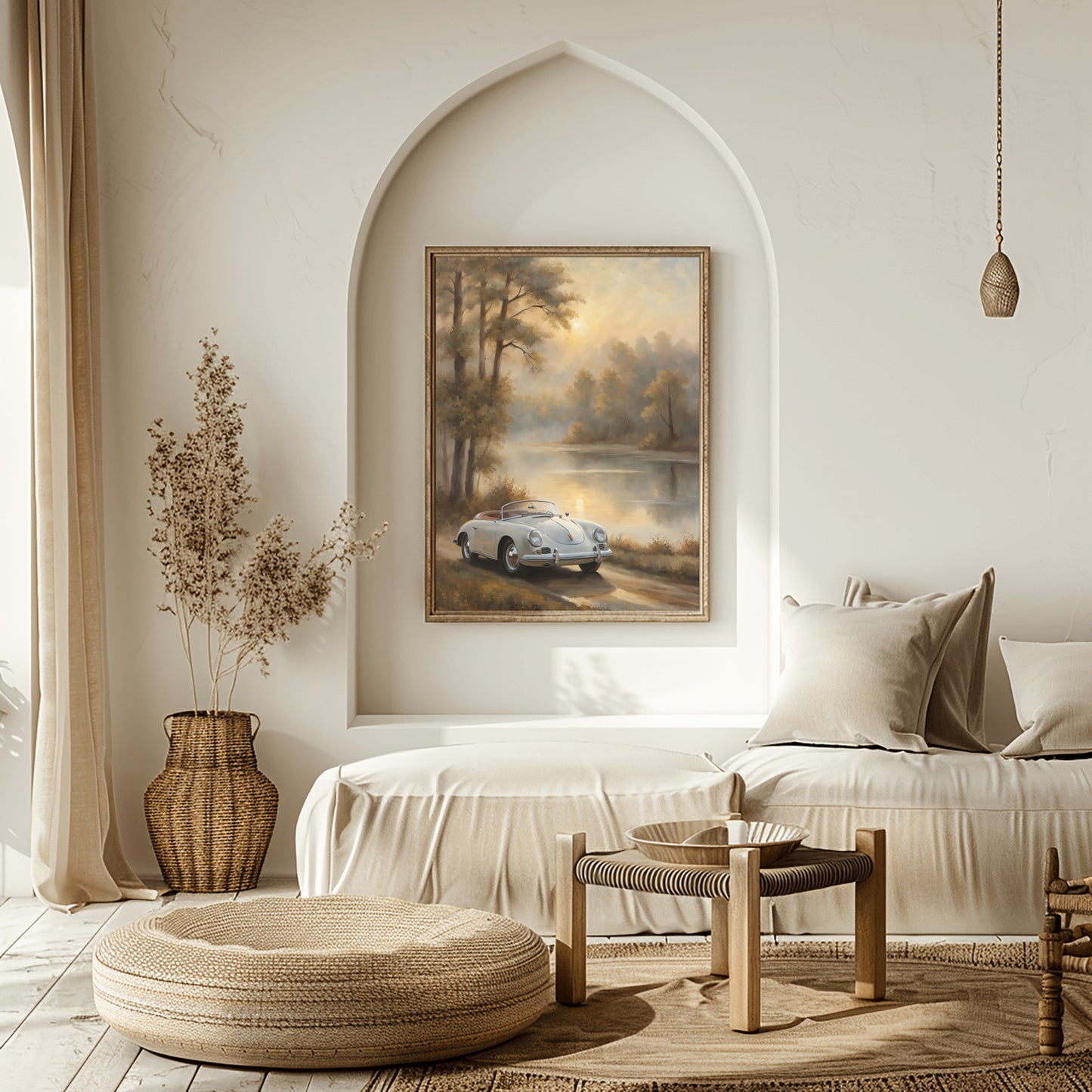Vintage lakeside artwork featuring a classic car by the lake in a cozy modern living room