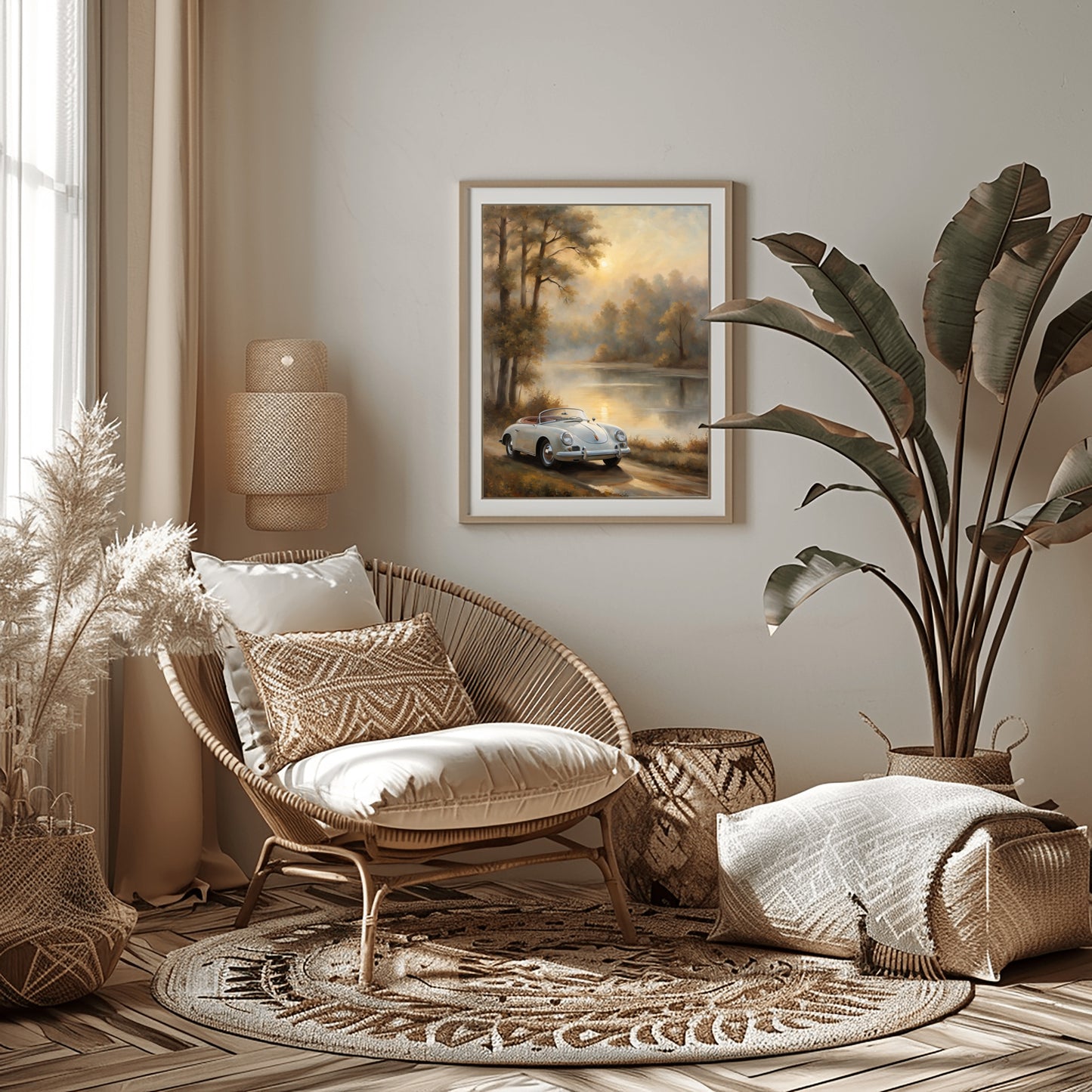 Vintage lakeside artwork by AquilVision displayed in a cozy living room with wicker chair and plants