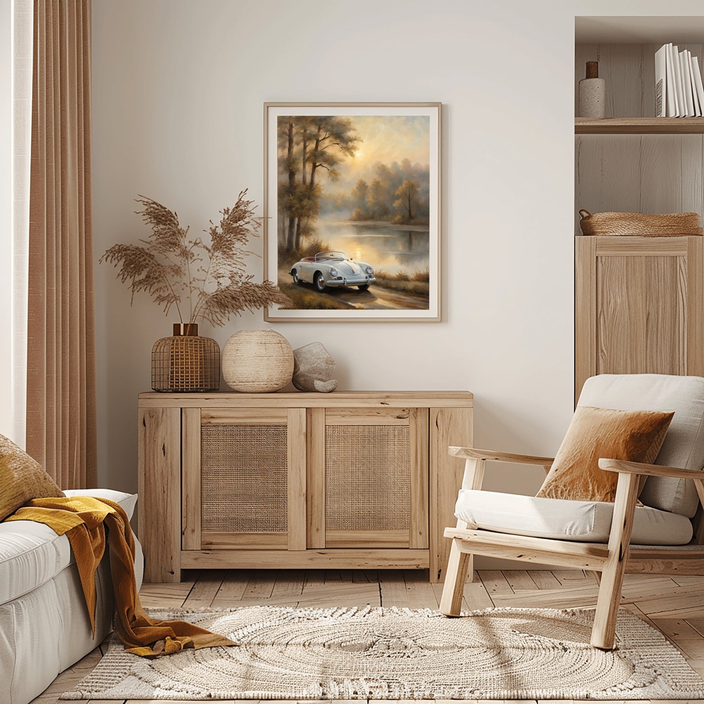 Vintage lakeside artwork framed on wall above wooden cabinet in cozy modern living room