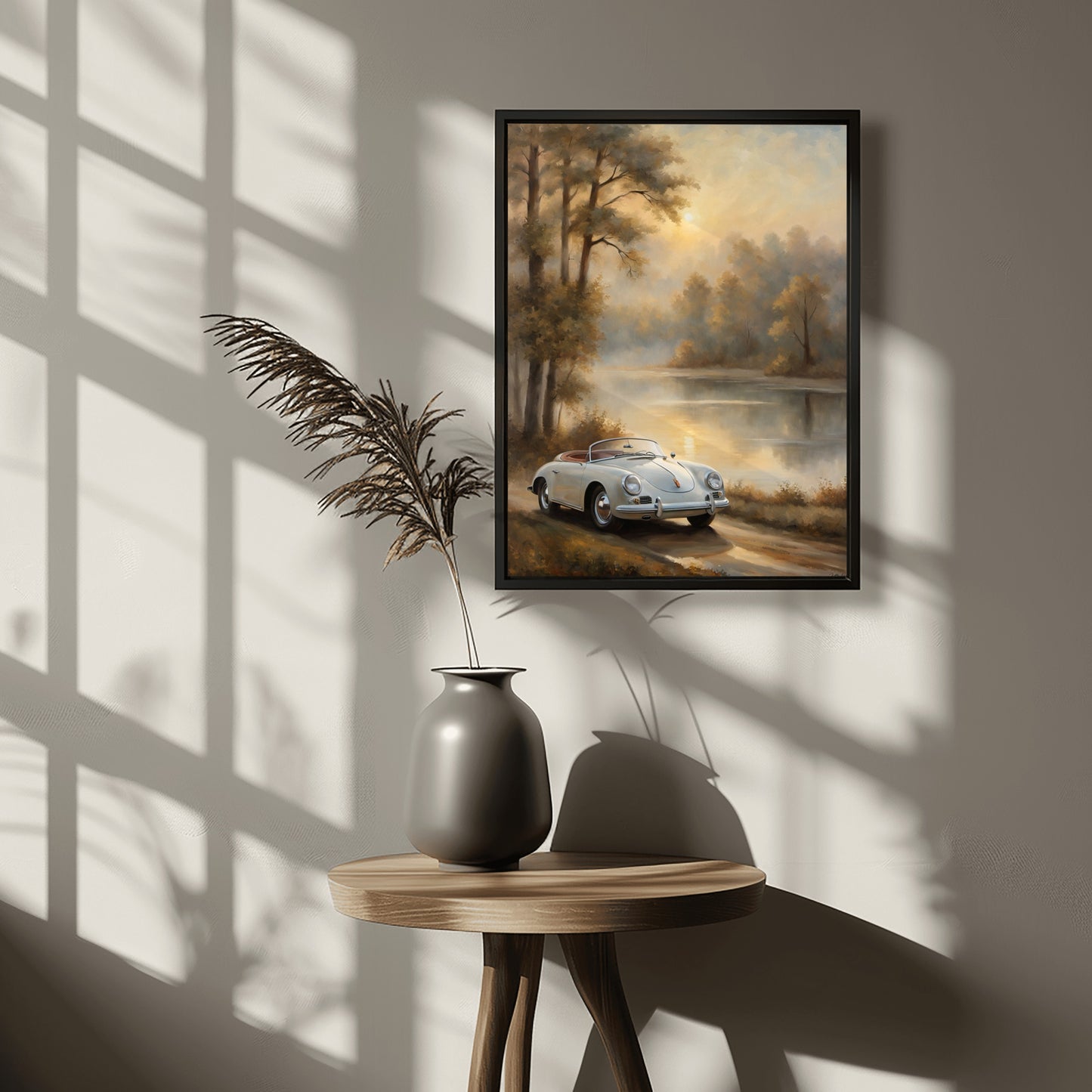 Vintage lakeside artwork by AquilVision featuring a classic car by a lake at sunset in a black frame