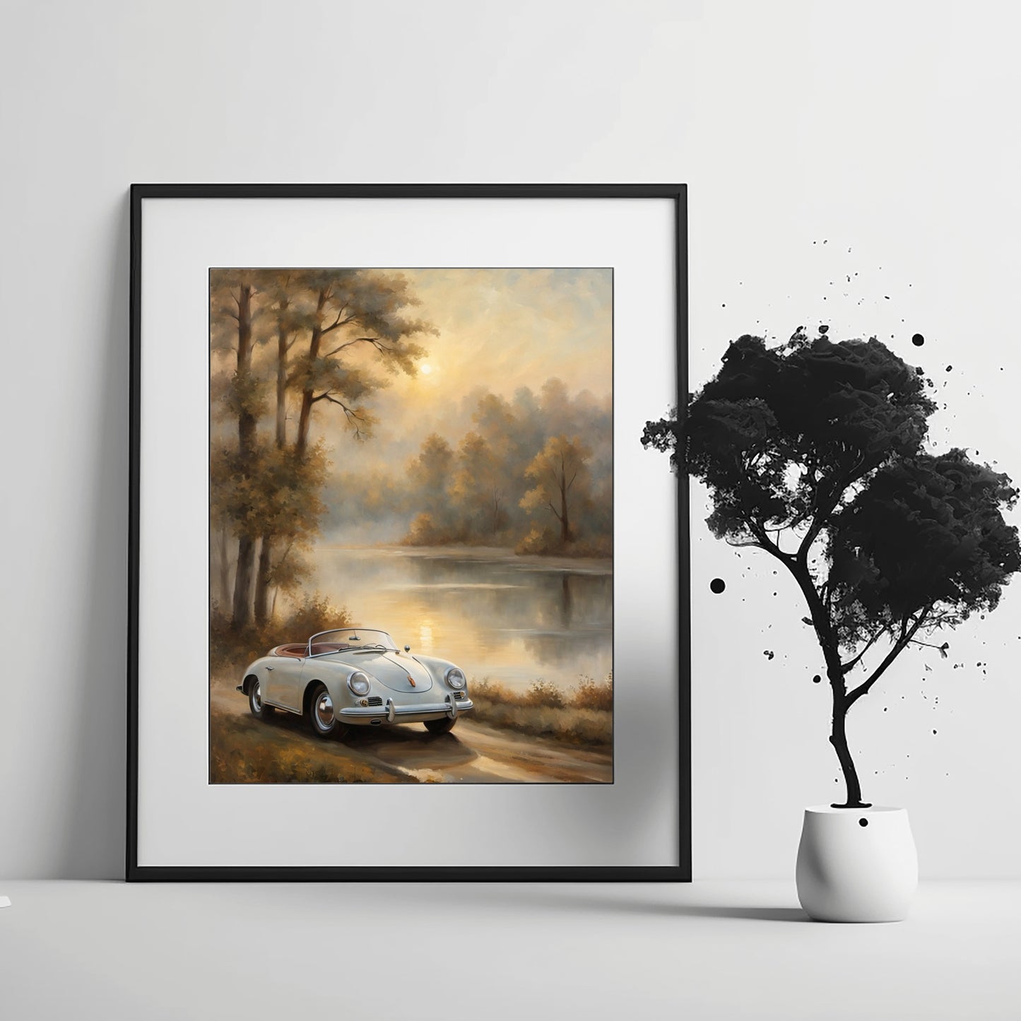 AquilVision framed vintage lakeside artwork featuring a classic car by calm water and autumn trees
