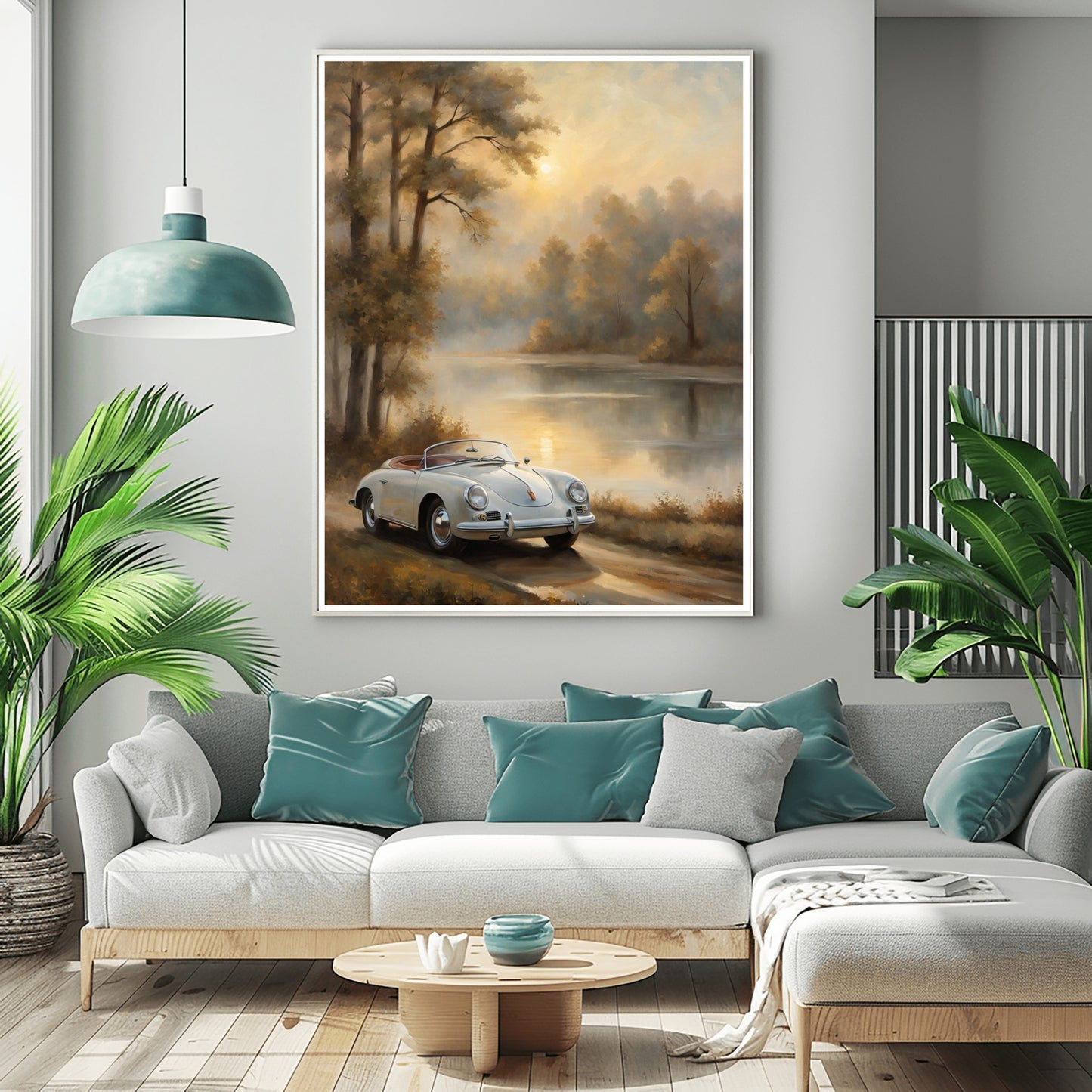 Vintage lakeside artwork by AquilVision showing a classic car parked by a tranquil lake at sunset