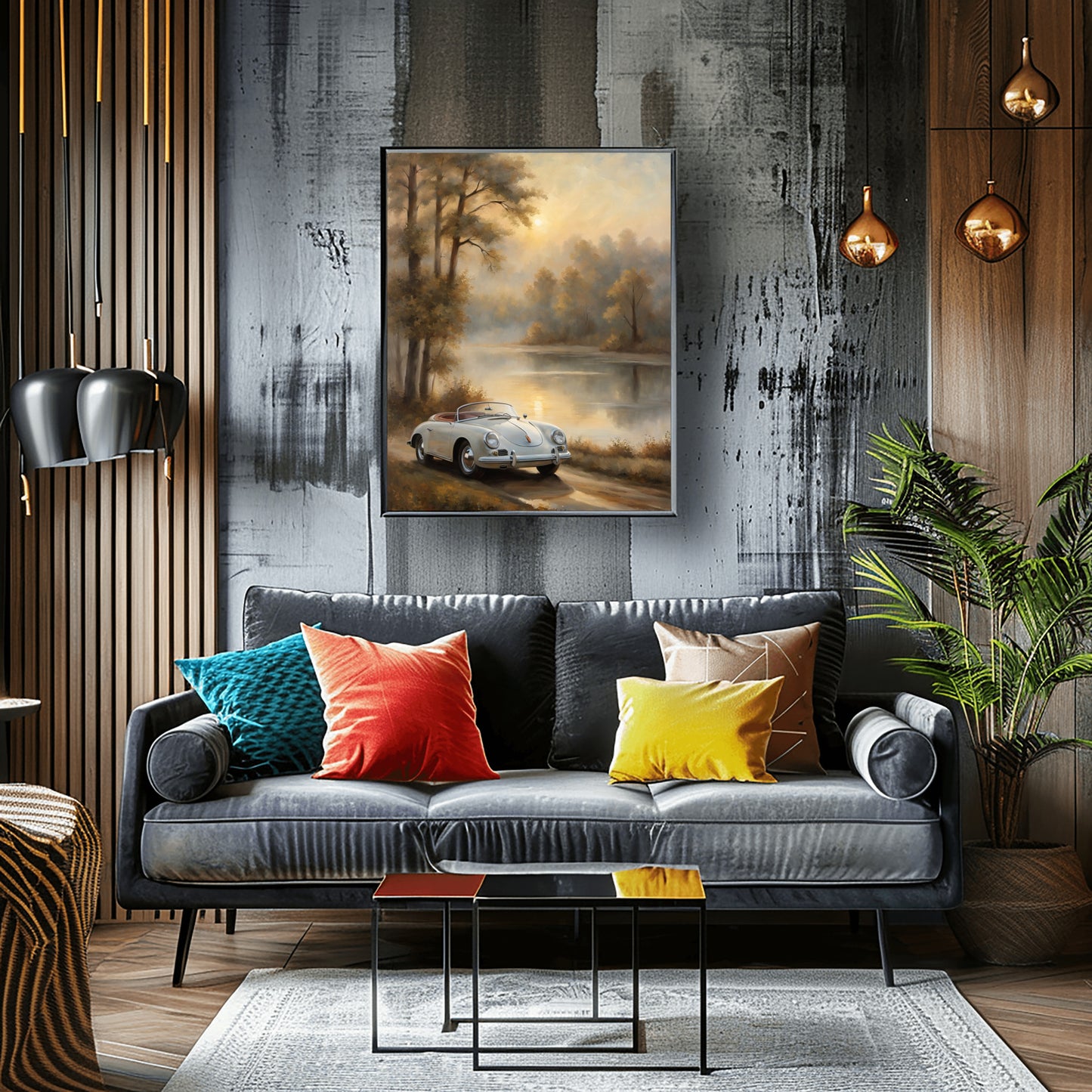 Vintage lakeside artwork featuring a classic car by a peaceful lake in a stylish modern living room