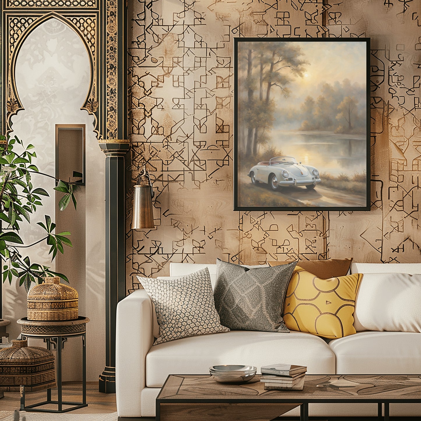 Vintage lakeside artwork by AquilVision featuring a classic car near a misty lake in a cozy living room