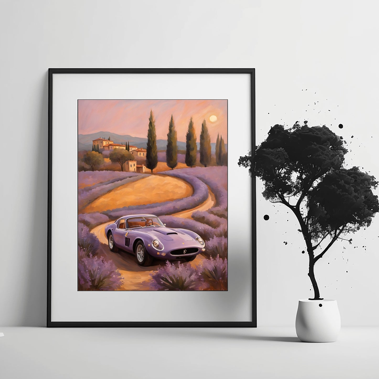 AquilVision dreamy landscape canvas print featuring a vintage car on a lavender field road at sunset
