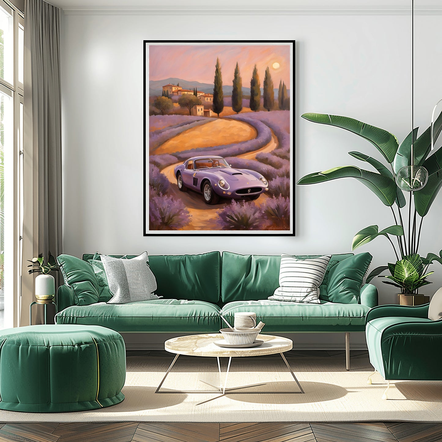 Dreamy landscape canvas print by AquilVision featuring a vintage car on a winding road with lavender fields