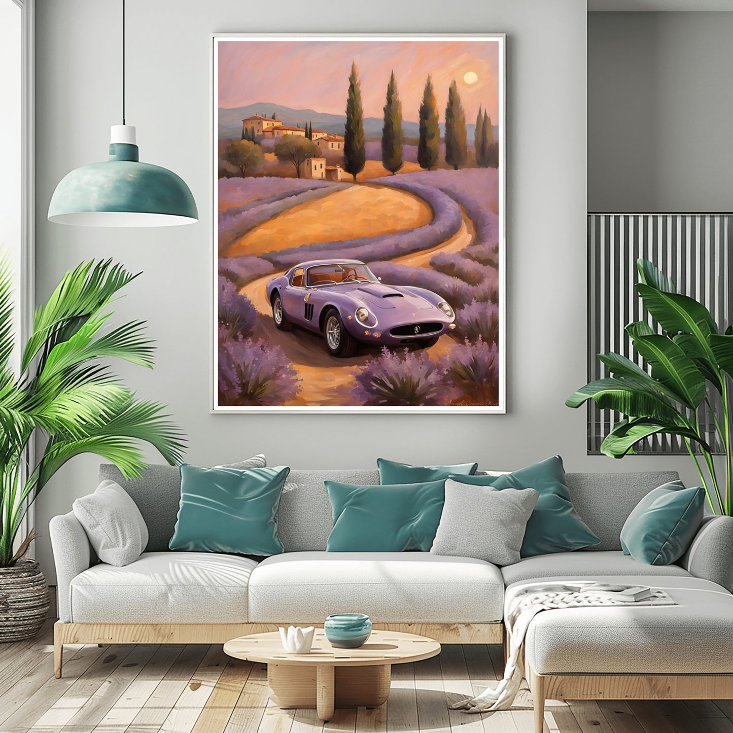 AquilVision dreamy landscape canvas print featuring a lavender field and vintage car above modern living room sofa