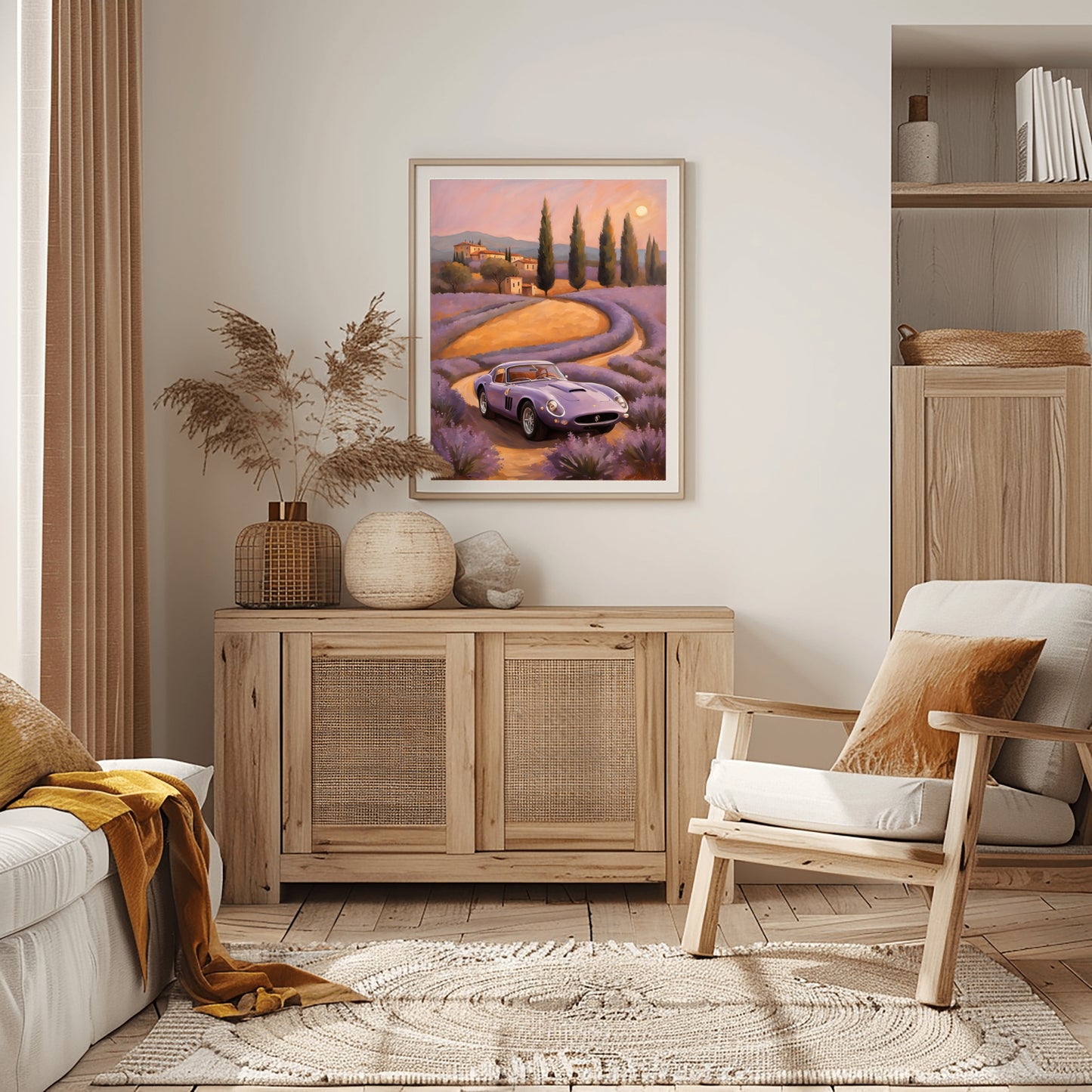 Dreamy landscape canvas print featuring a winding road and vintage car in a cozy living room