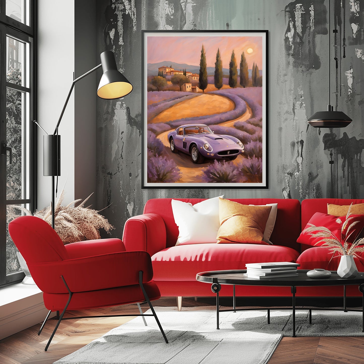 Dreamy landscape canvas print by AquilVision featuring a vintage car on a winding path with lavender fields