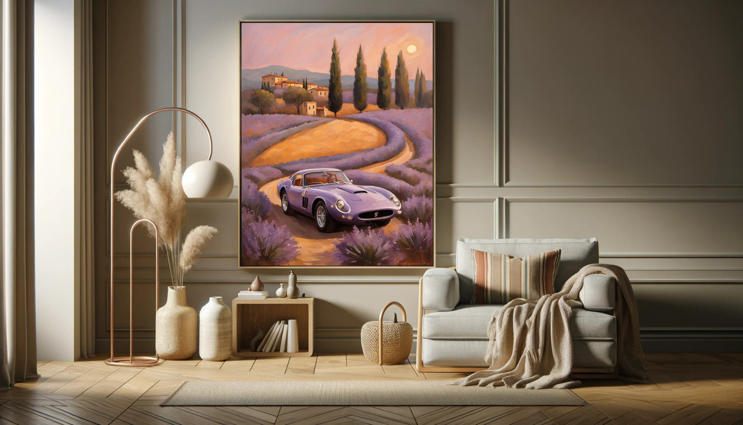 Dreamy landscape canvas print featuring a vintage car on a winding road amid lavender fields in a cozy living room