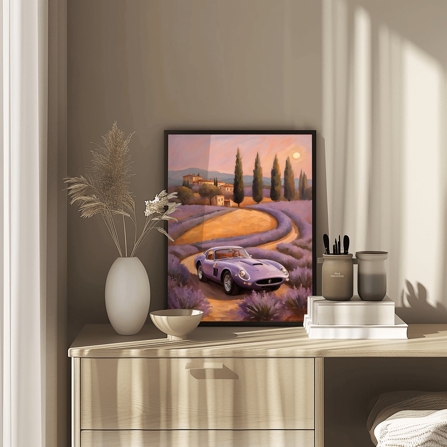 Dreamy landscape canvas print featuring a vintage car on a winding road by AquilVision displayed on a wooden dresser