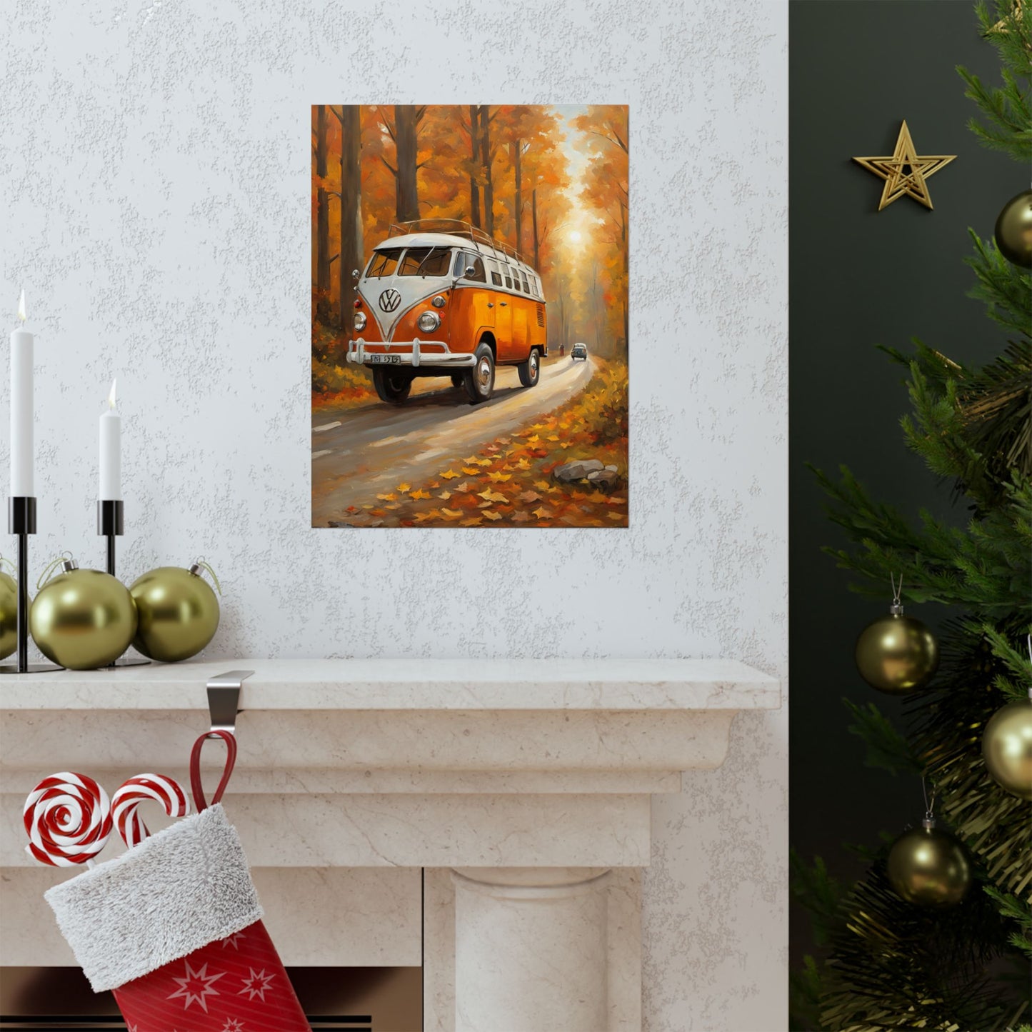 Fall Adventure Matte Vertical Posters featuring a vintage orange van on a scenic autumn road