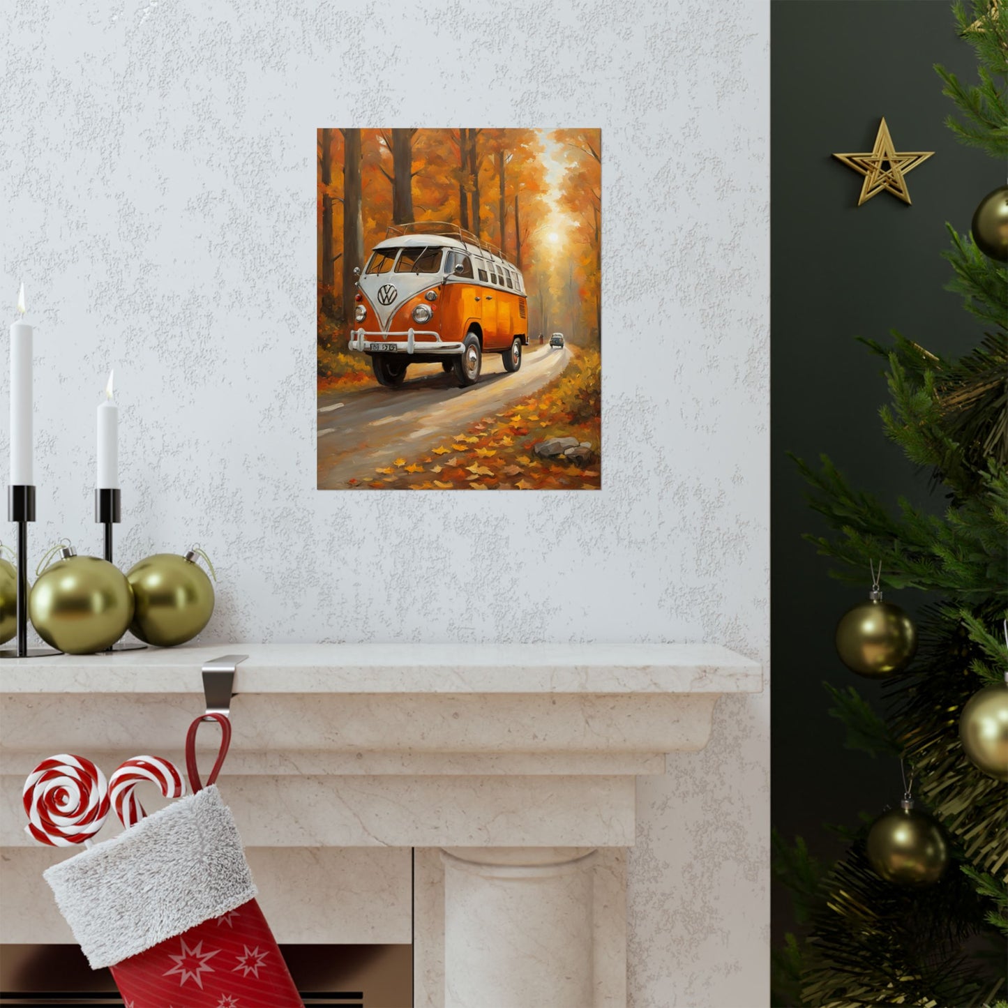 Fall Adventure Matte Vertical Posters featuring a vintage orange VW van on a scenic autumn road