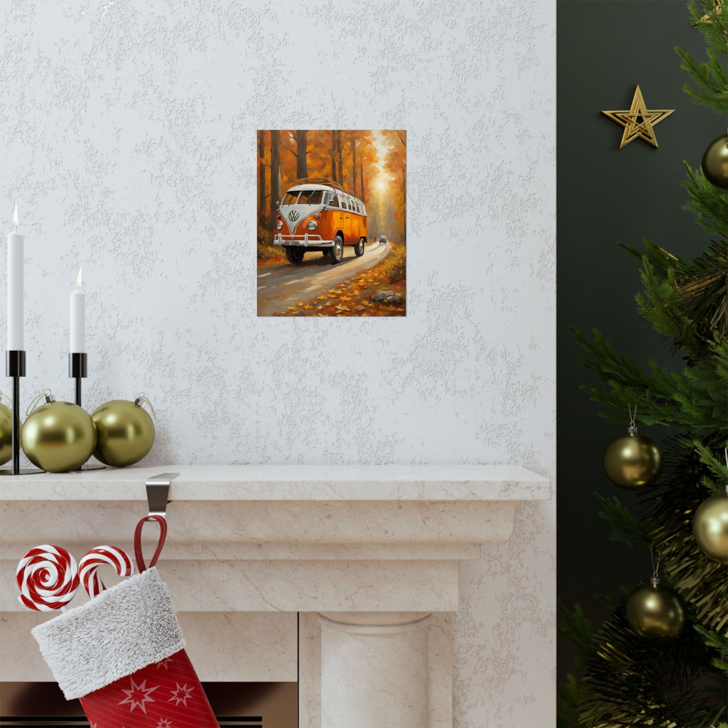Cozy living room with Fall Adventure Matte Vertical Posters featuring a vintage van on a tree-lined road
