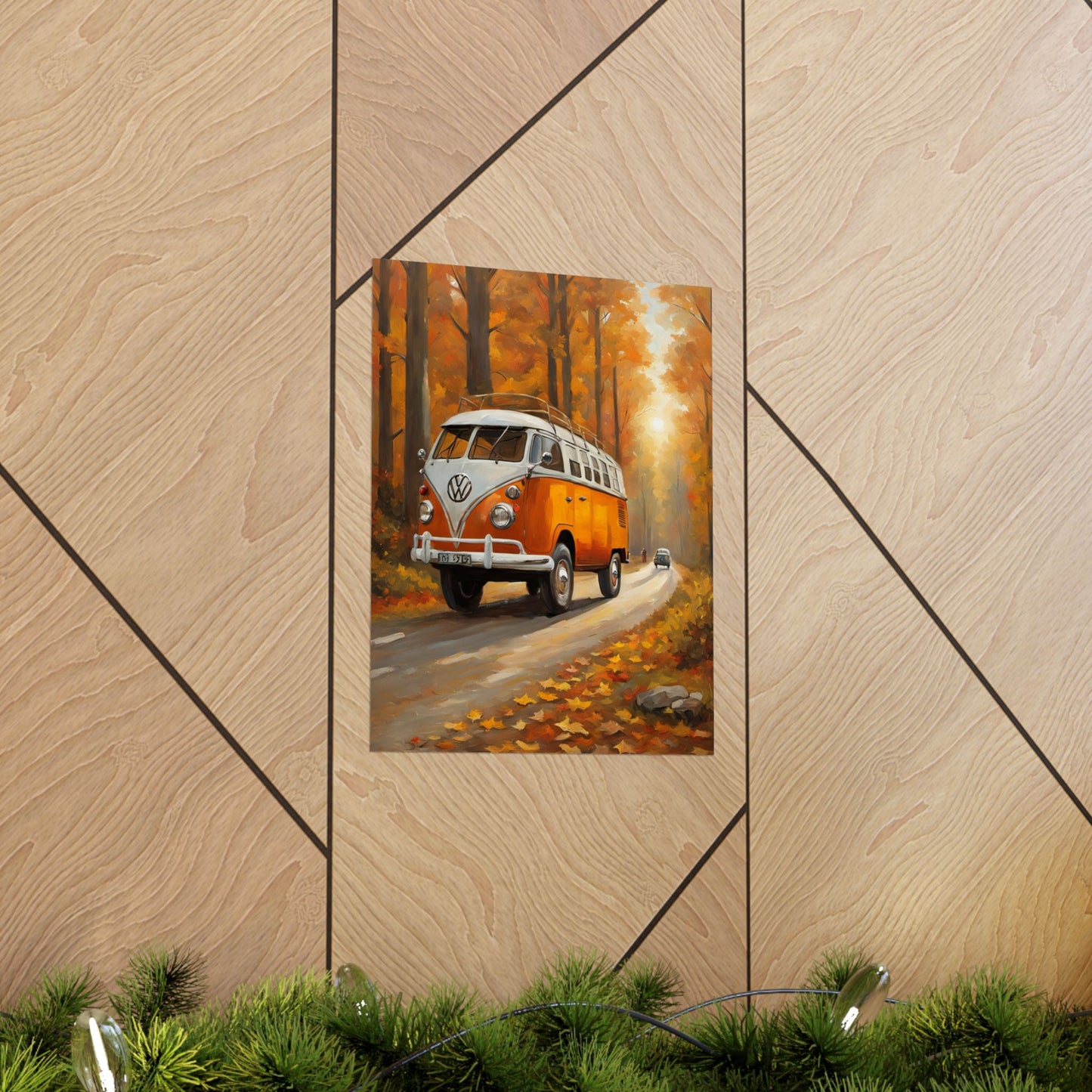 Fall Adventure Matte Vertical Posters featuring an orange vintage van driving through autumn trees