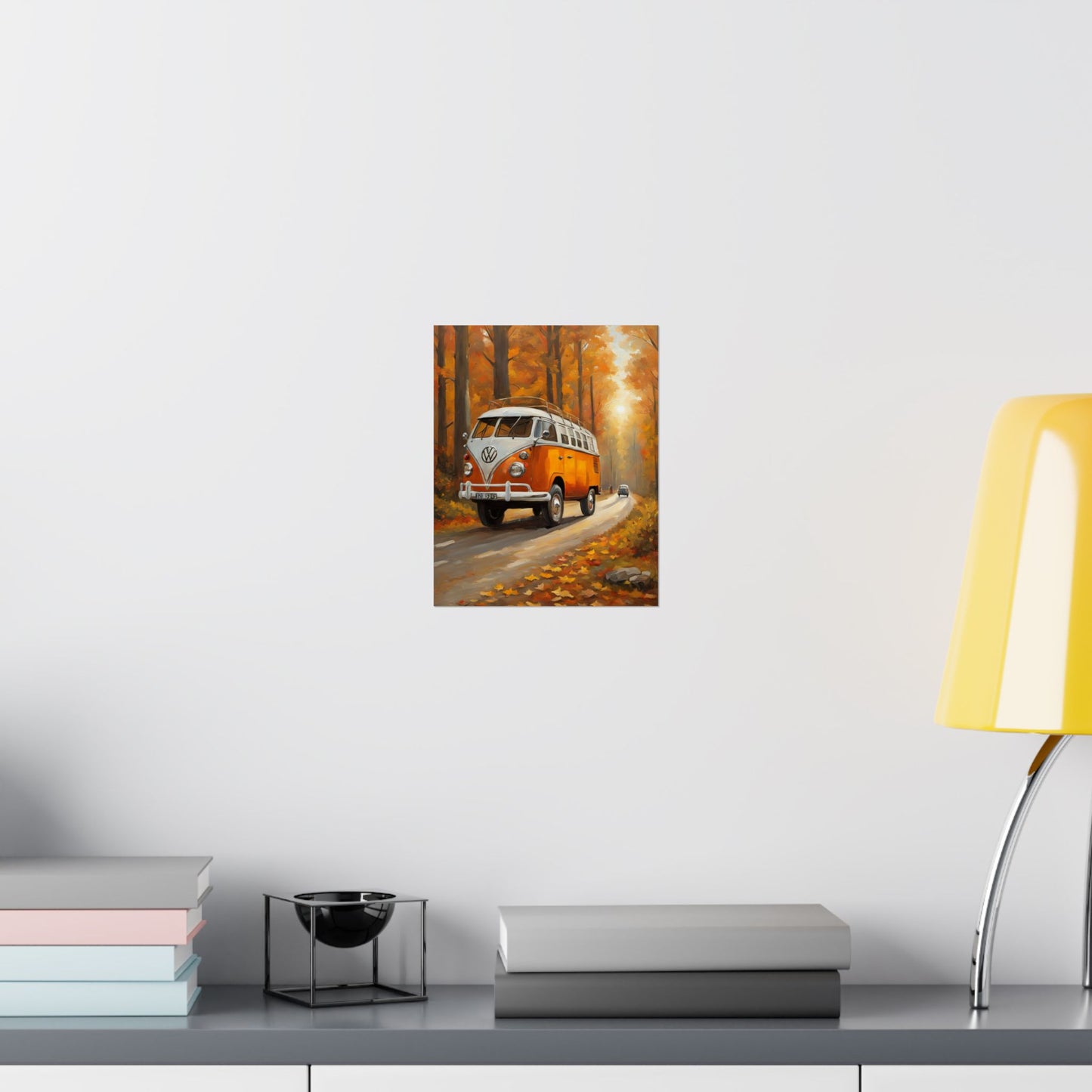 Fall Adventure Matte Vertical Posters featuring a old orange van on a scenic autumn road