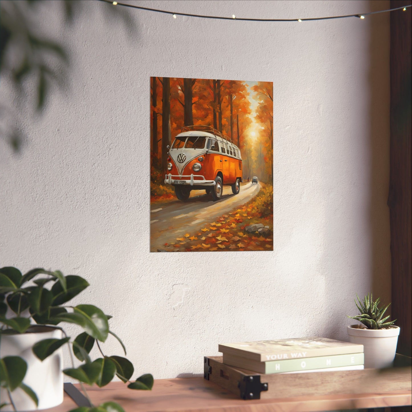 Fall Adventure Matte Vertical Posters featuring a classic orange VW bus driving through an autumn forest