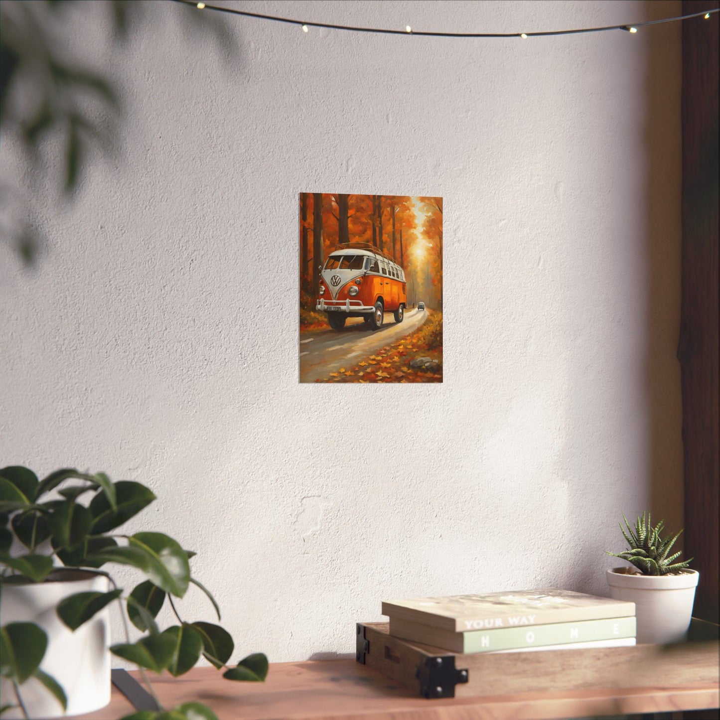 Fall Adventure Matte Vertical Posters featuring a nostalgic van on a scenic autumn road