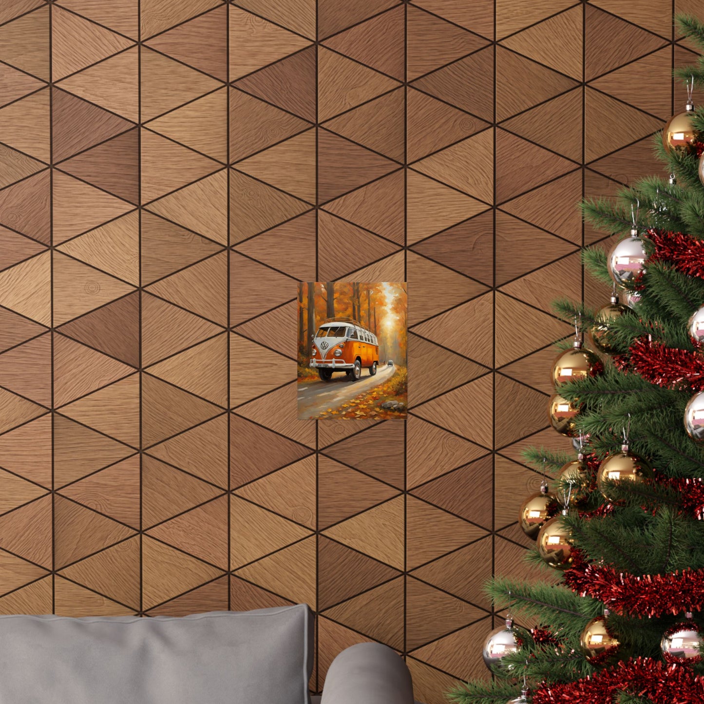 Cozy home interior featuring a Fall Adventure Matte Vertical Poster on a geometric wall design