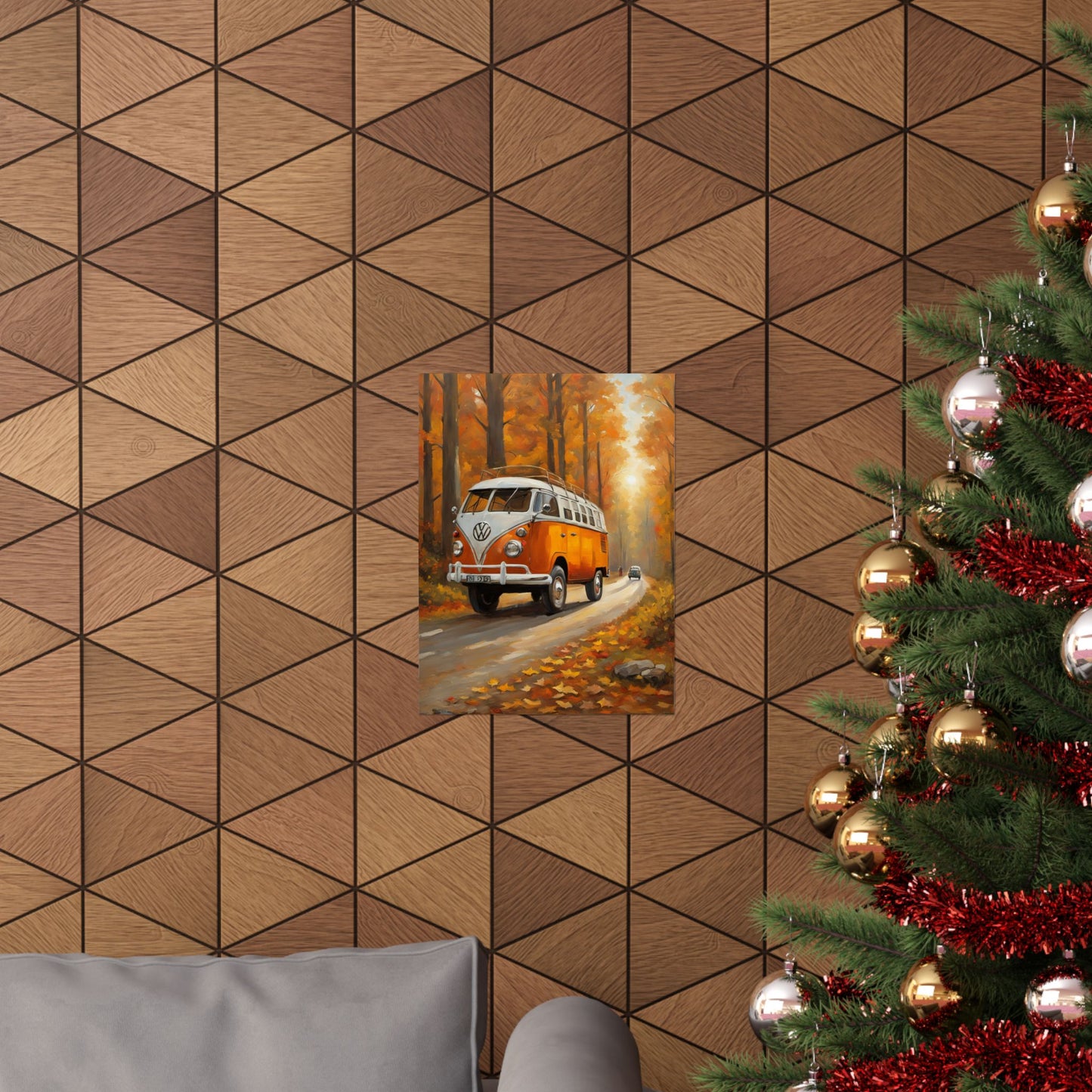 Fall Adventure Matte Vertical Posters featuring a vintage van driving through autumn trees