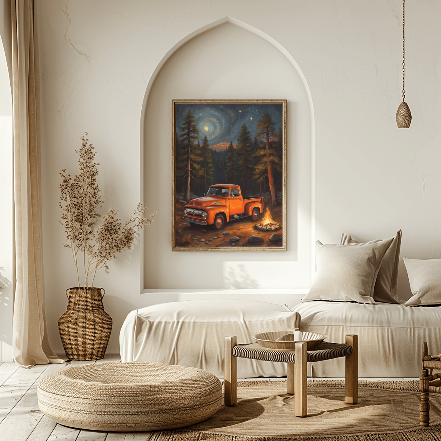 Glowing campfire forest artwork featuring a vintage orange truck and pine trees under a moonlit sky