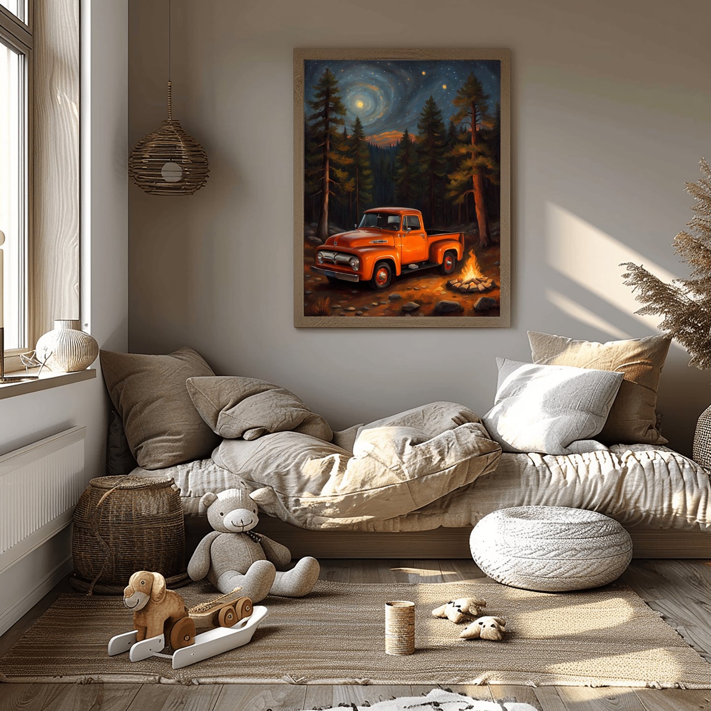 Cozy modern living room with glowing campfire forest artwork featuring an orange vintage truck on the wall