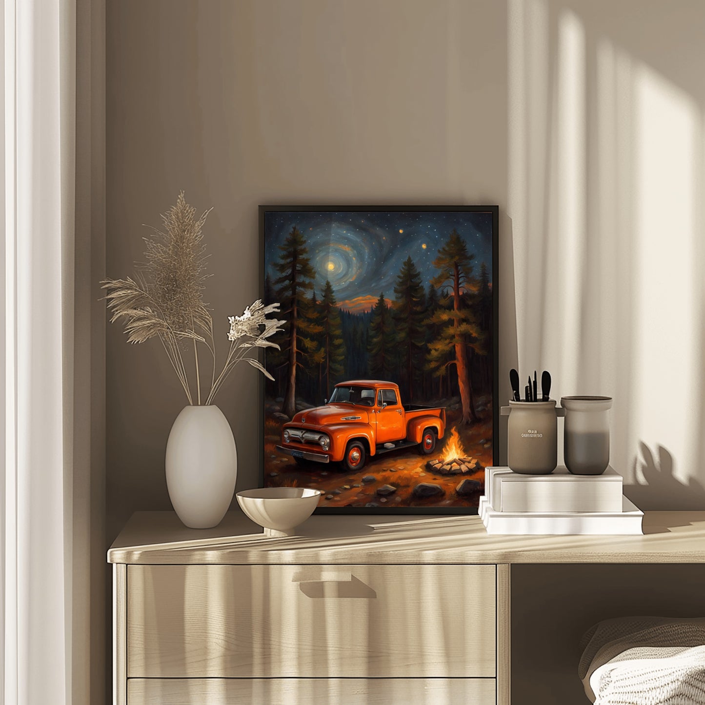 Glowing campfire forest artwork featuring a vintage orange truck under a starry night sky