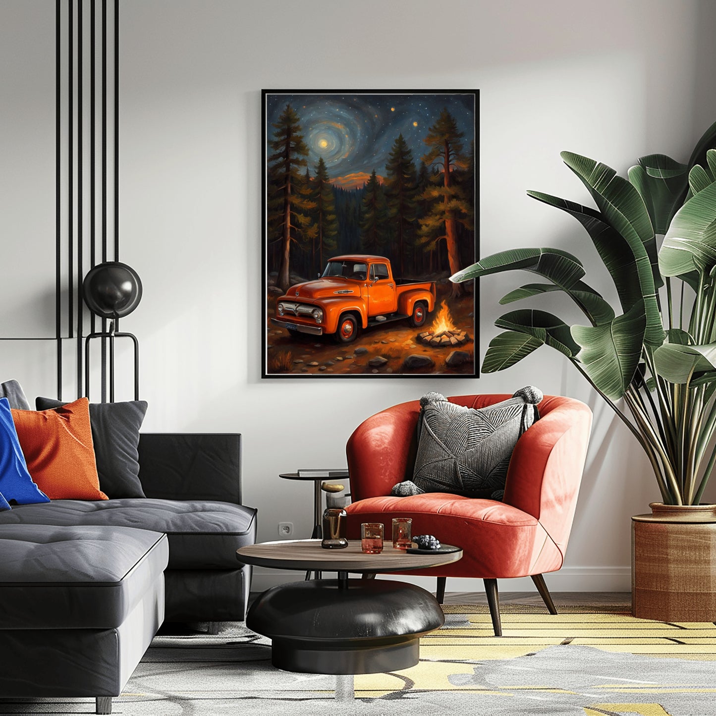 Glowing campfire forest artwork by AquilVision featuring a vintage orange truck under a starry sky