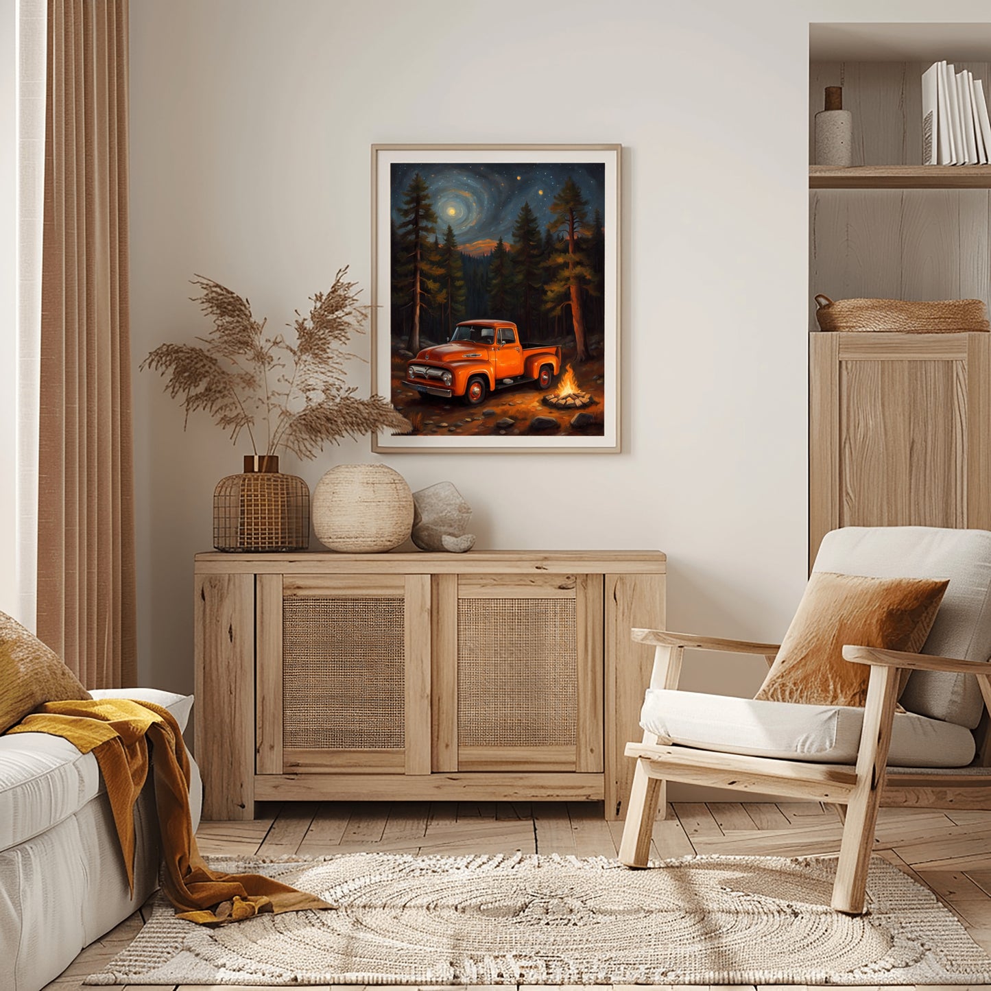 Glowing campfire forest artwork featuring an orange truck at night in cozy living room