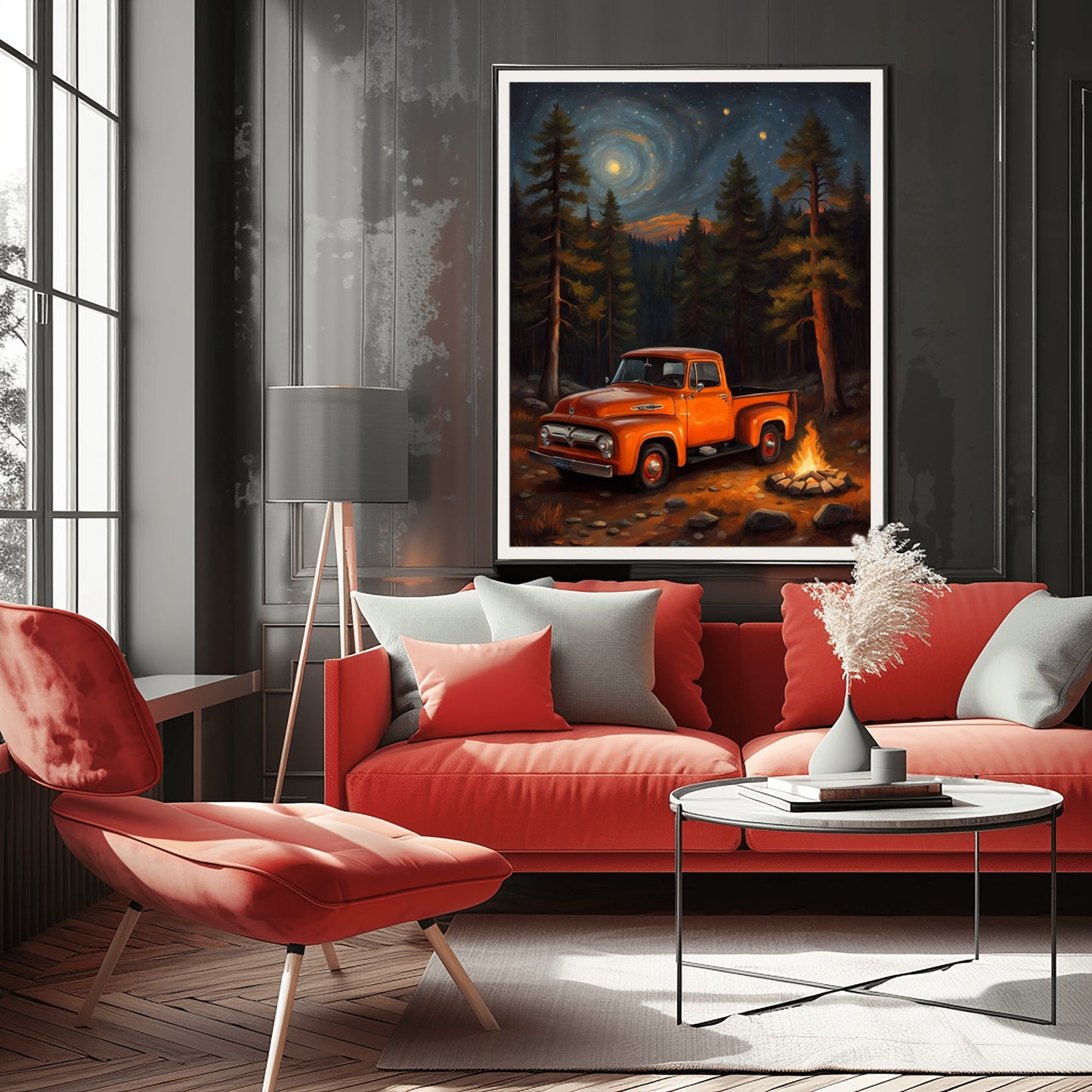 Framed glowing campfire forest artwork with vintage orange truck on wall in modern living room