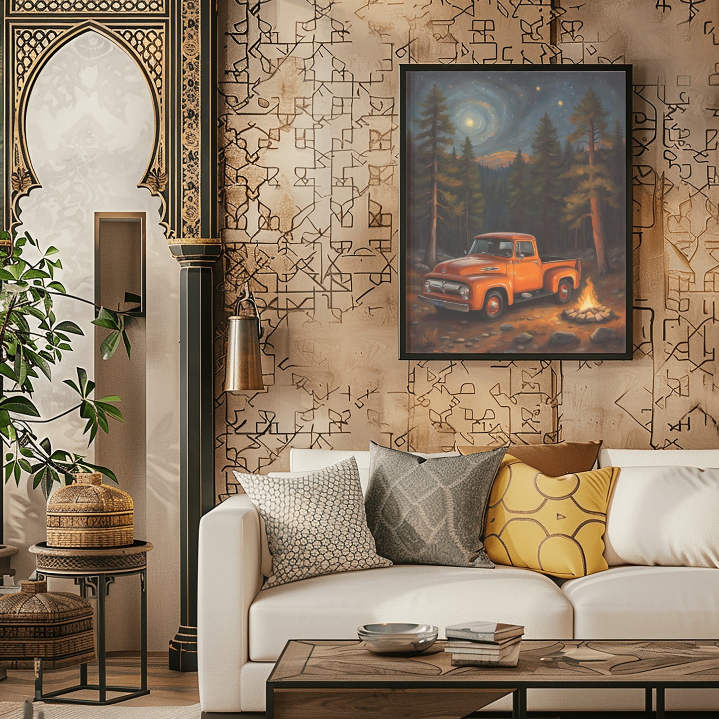 Glowing campfire forest artwork featuring a vintage orange truck by AquilVision hanging above a white couch