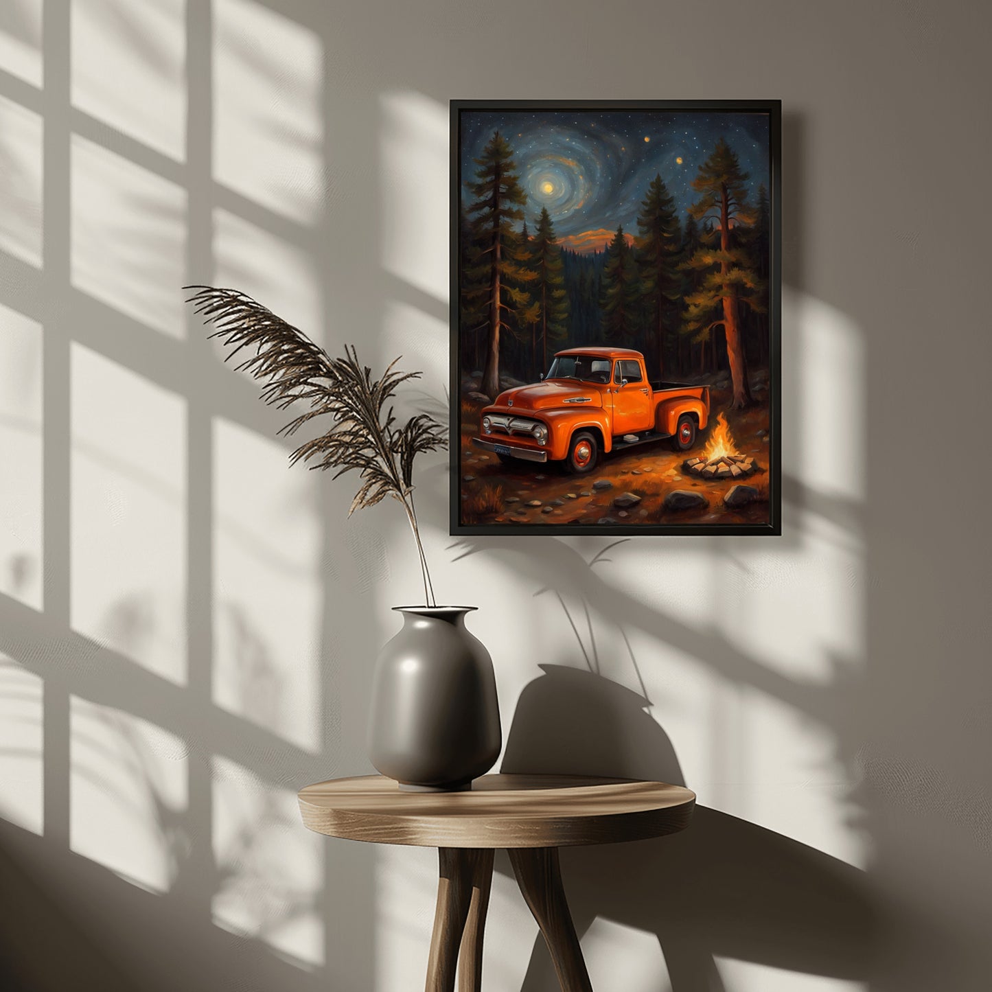 Glowing campfire forest artwork featuring vintage orange truck under starry night sky by AquilVision