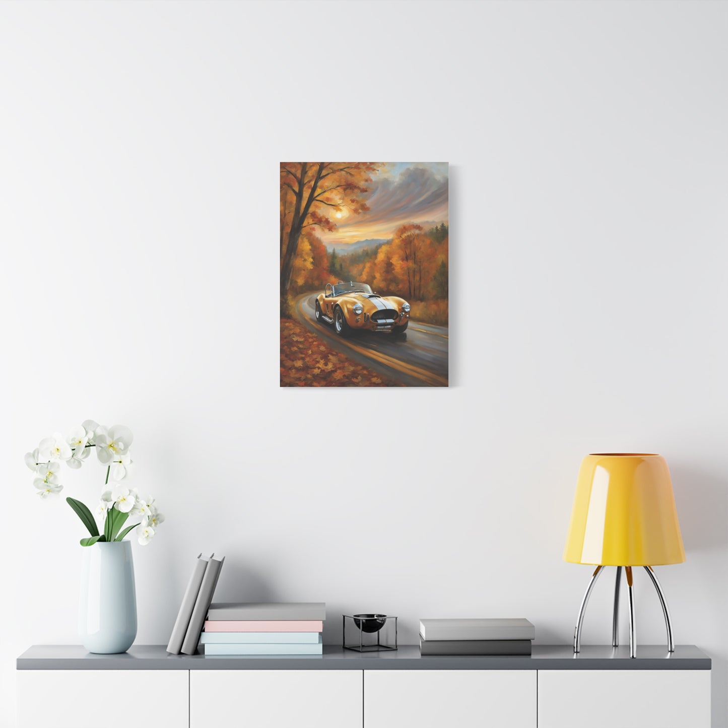 Golden Autumn Car Canvas featuring a classic car driving on a picturesque road surrounded by fall foliage