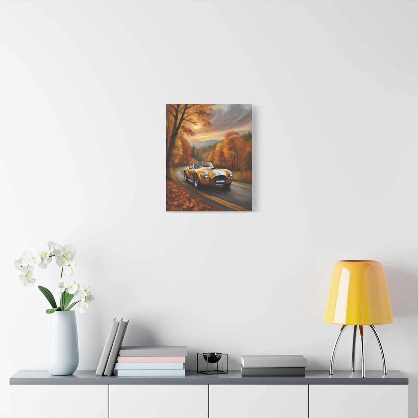 Golden Autumn Car Canvas featuring a vintage car on a scenic autumn road