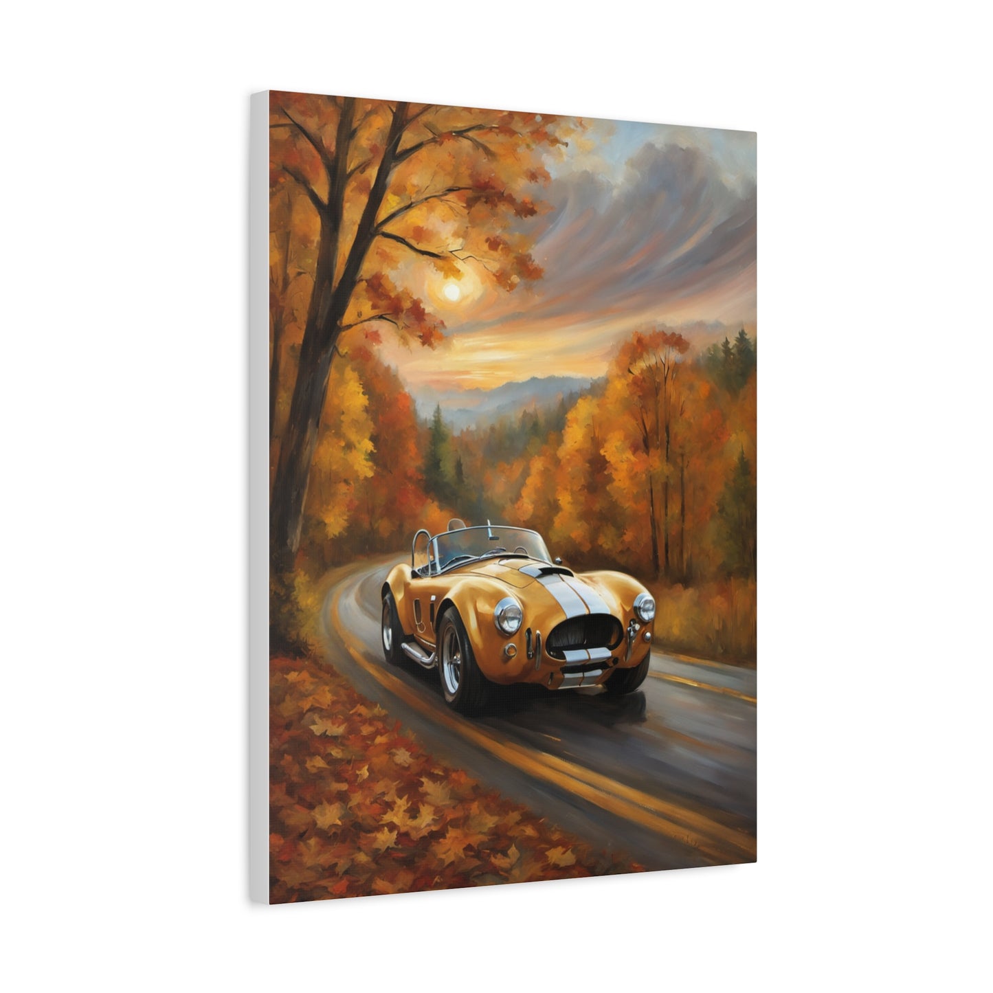 Golden Autumn Car Canvas featuring a vintage car driving through a picturesque autumn landscape