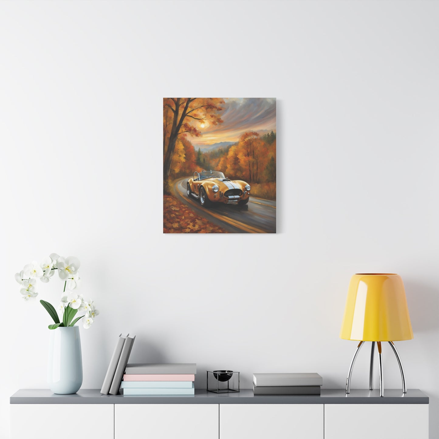 Golden Autumn Car Canvas featuring a classic car on a scenic road surrounded by autumn foliage