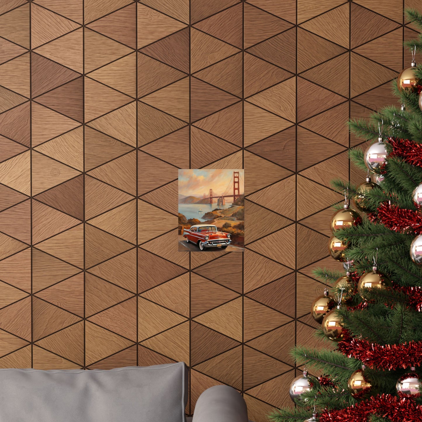 Golden Gate Bridge vintage art print displayed on a geometric wooden wall with a holiday tree