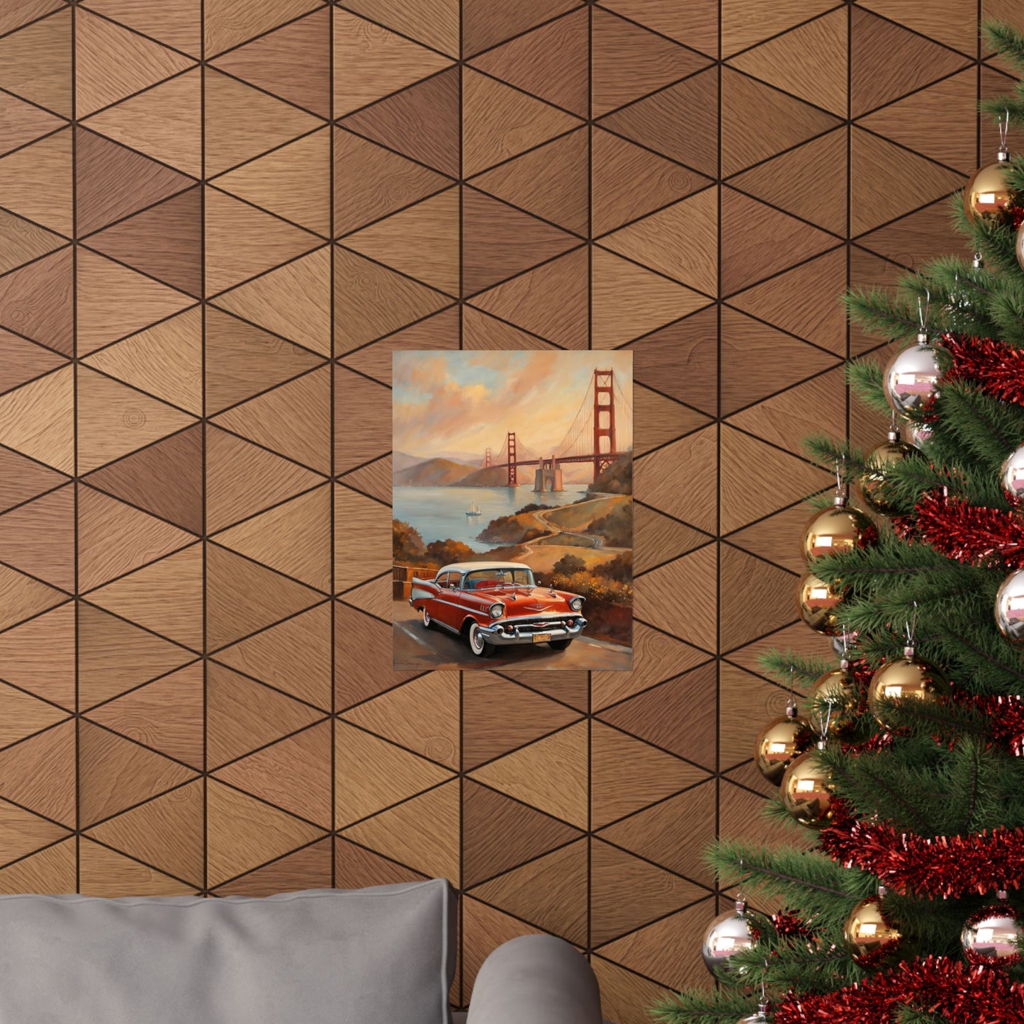 Golden Gate Bridge vintage art print featuring a classic car against a patterned wooden wall