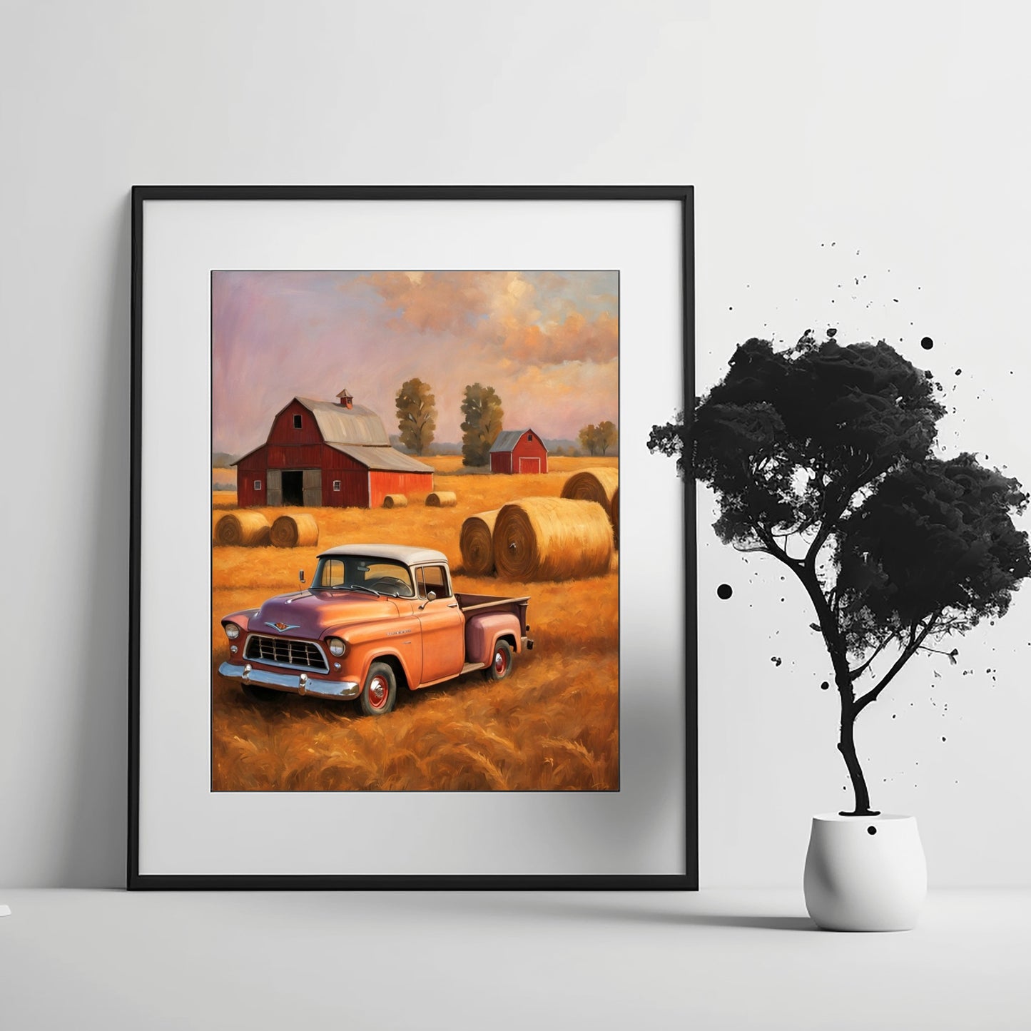 Golden harvest field wall art featuring vintage truck in front of barn and hay bales by AquilVision