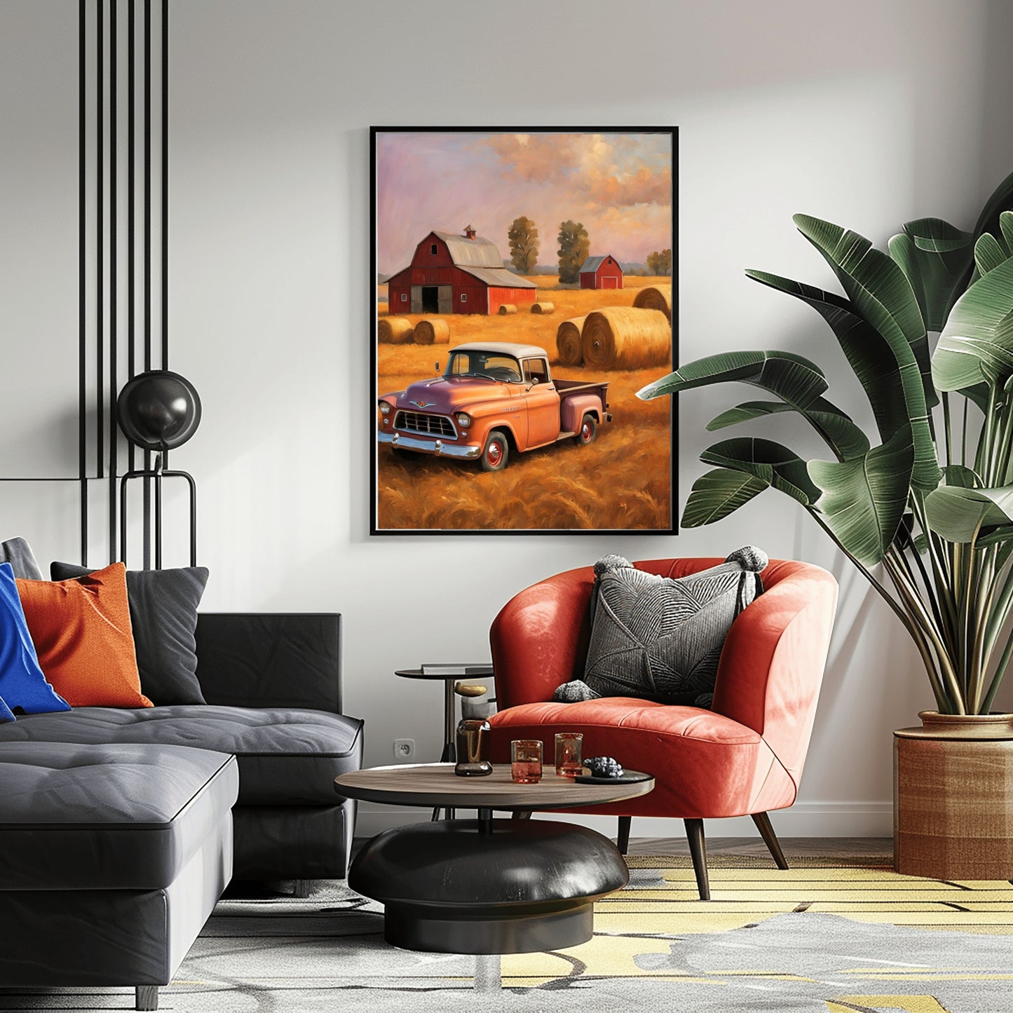 AquilVision golden harvest field wall art featuring a vintage truck and hay bales in a rustic farm setting