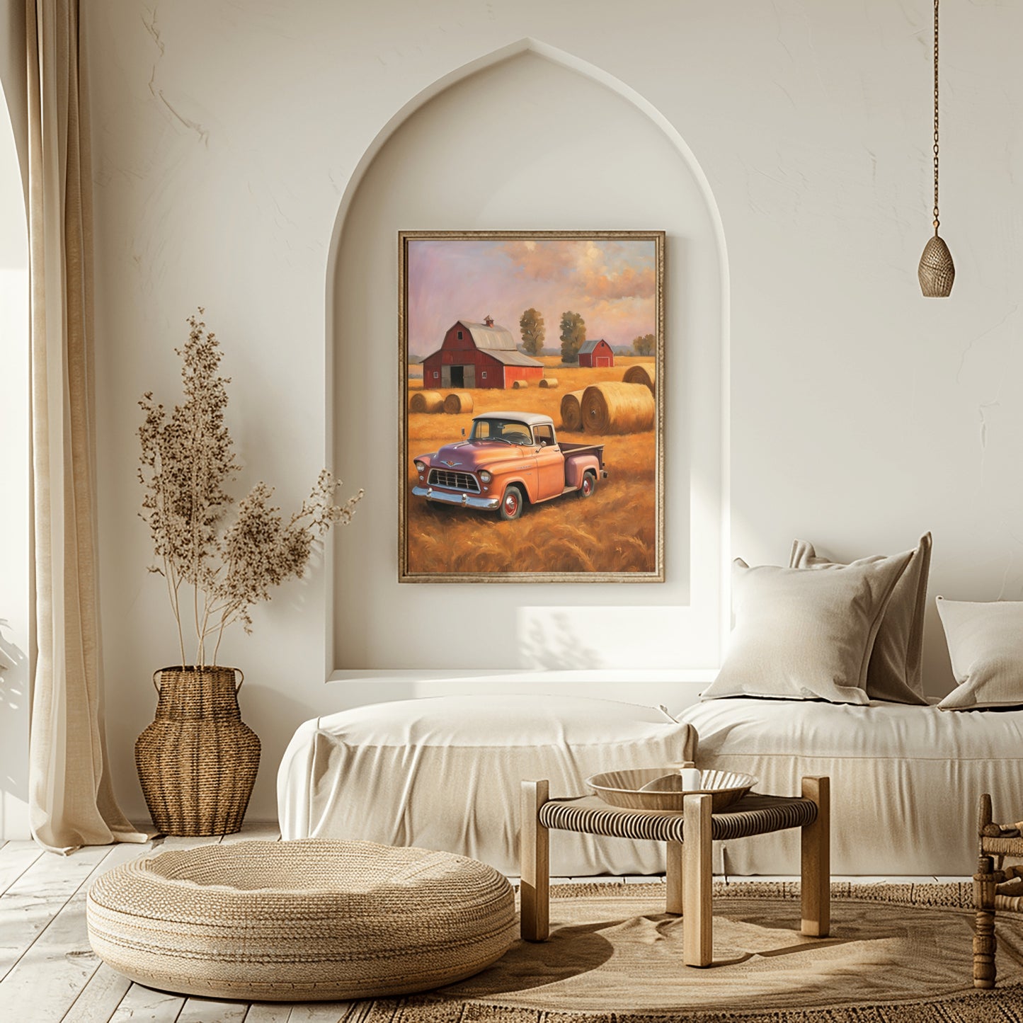 Golden harvest field wall art by AquilVision featuring vintage truck and hay bales in rustic farmhouse setting