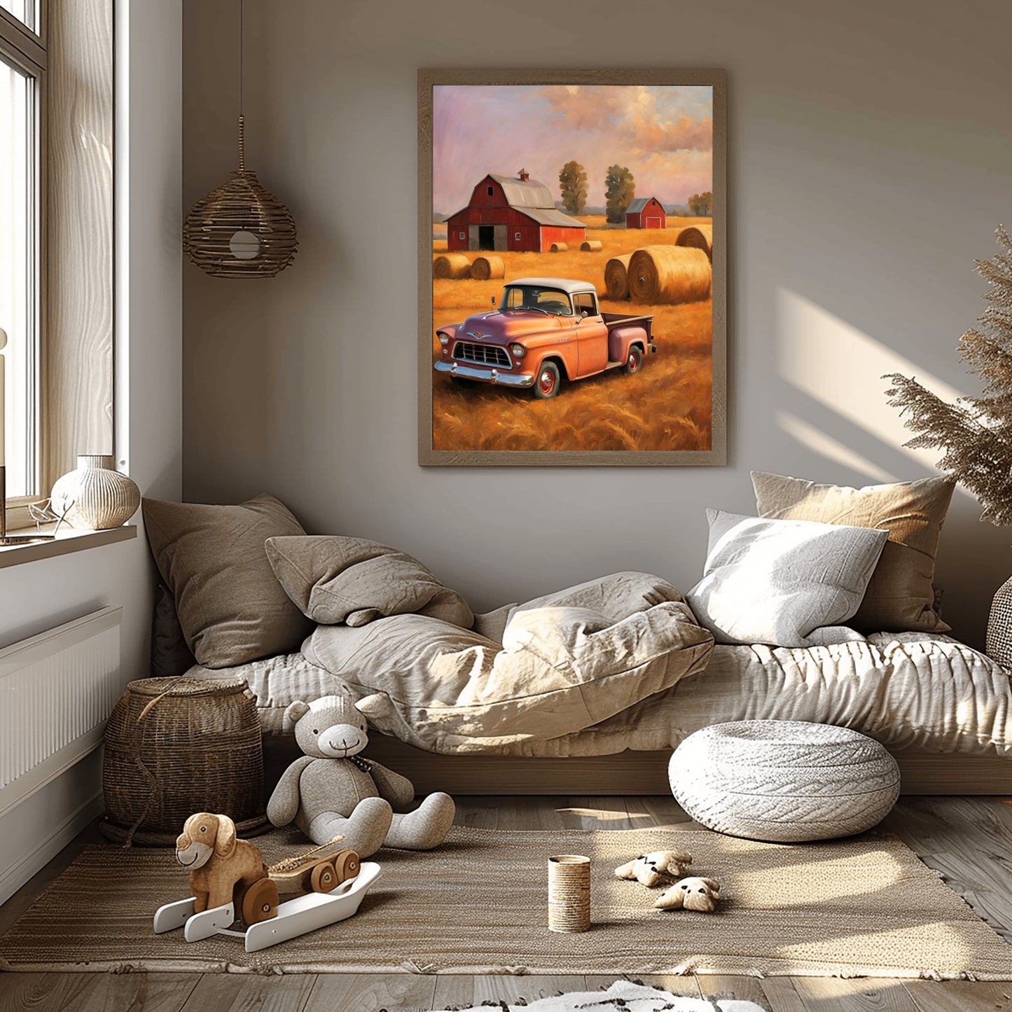 Cozy living room with golden harvest field wall art featuring vintage truck and hay bales by AquilVision