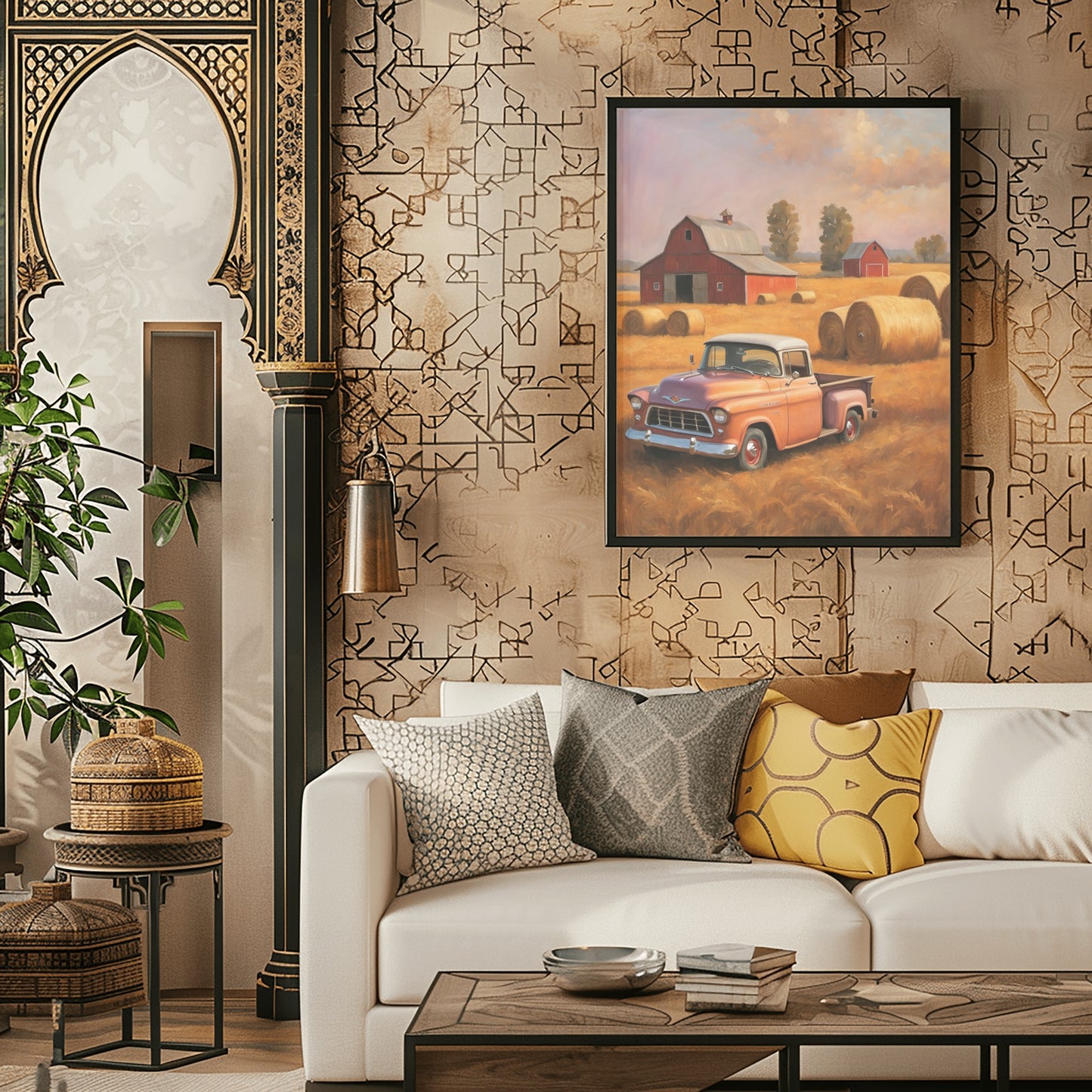 Golden harvest field wall art featuring vintage truck and barn framed on living room wall by AquilVision