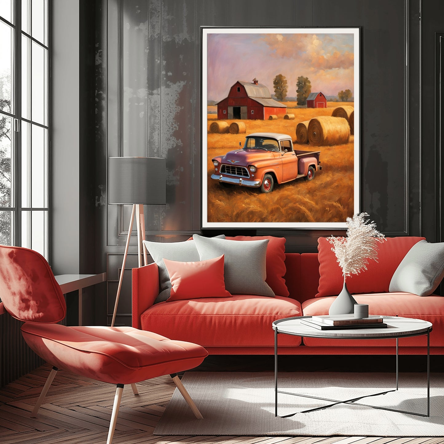 Golden harvest field wall art above modern red sofa in stylish living room with large windows