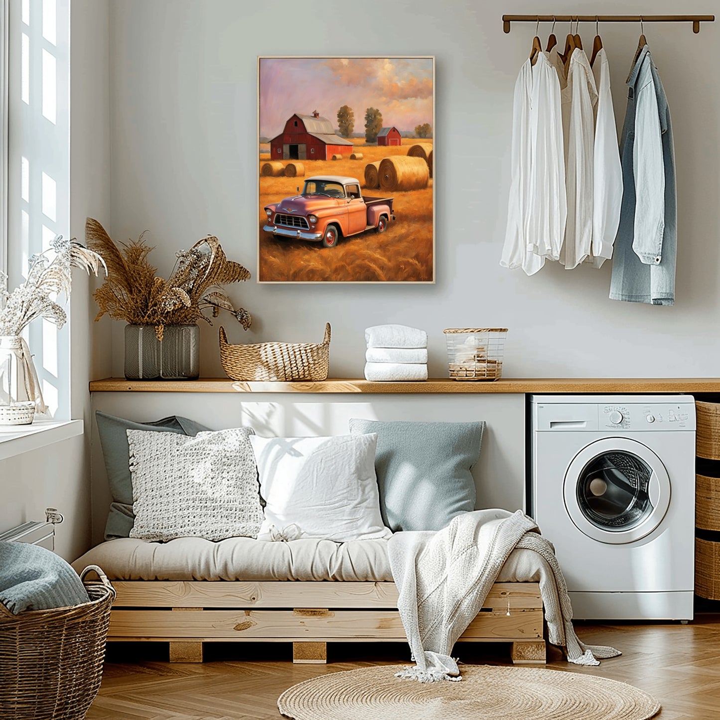 AquilVision digital golden harvest field wall art featuring vintage truck and barn in a cozy laundry room