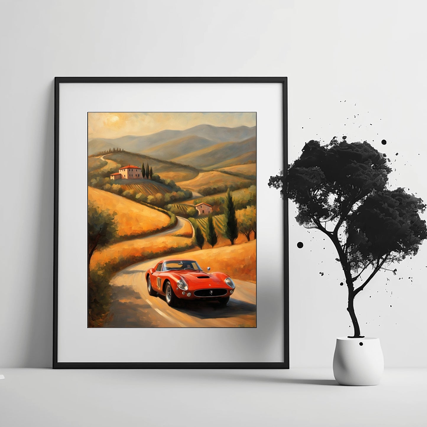 Framed Italian hills canvas artwork by AquilVision featuring a red vintage car on winding road
