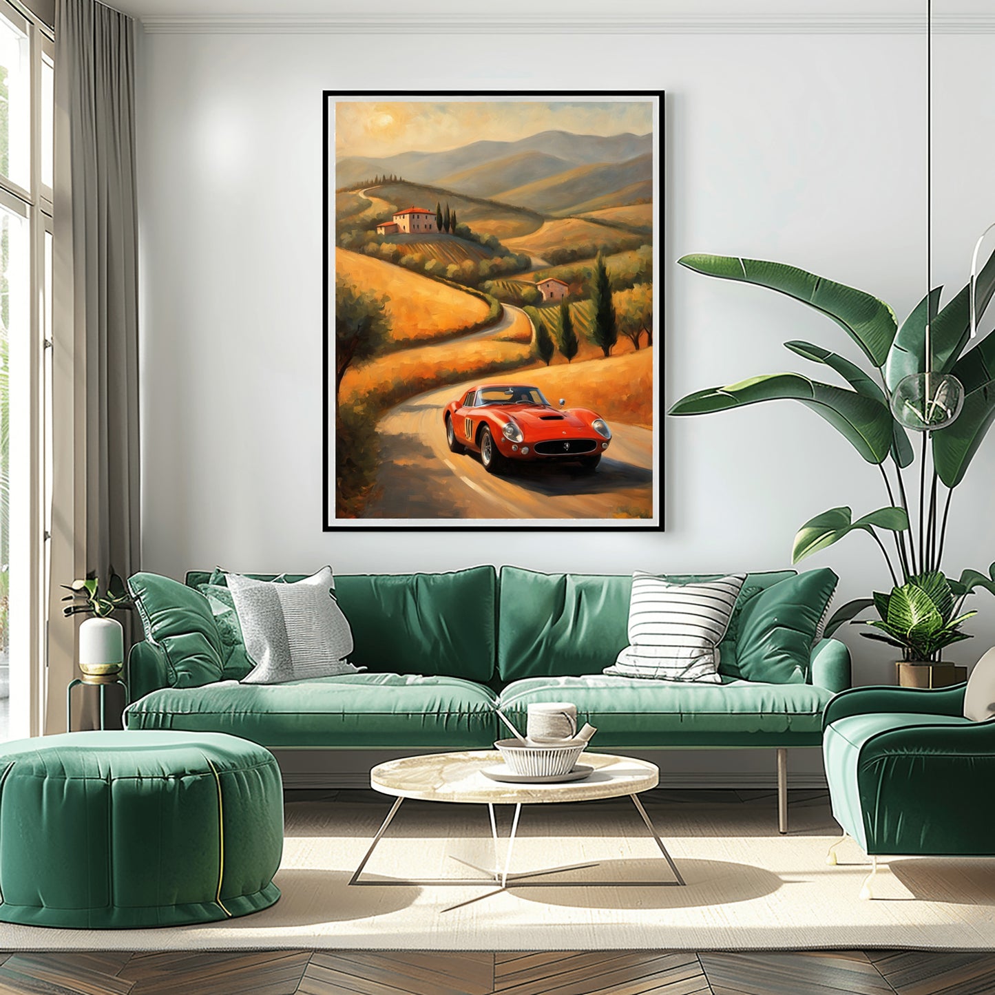 Italian hills canvas artwork featuring a red vintage car driving through rolling hills in warm tones
