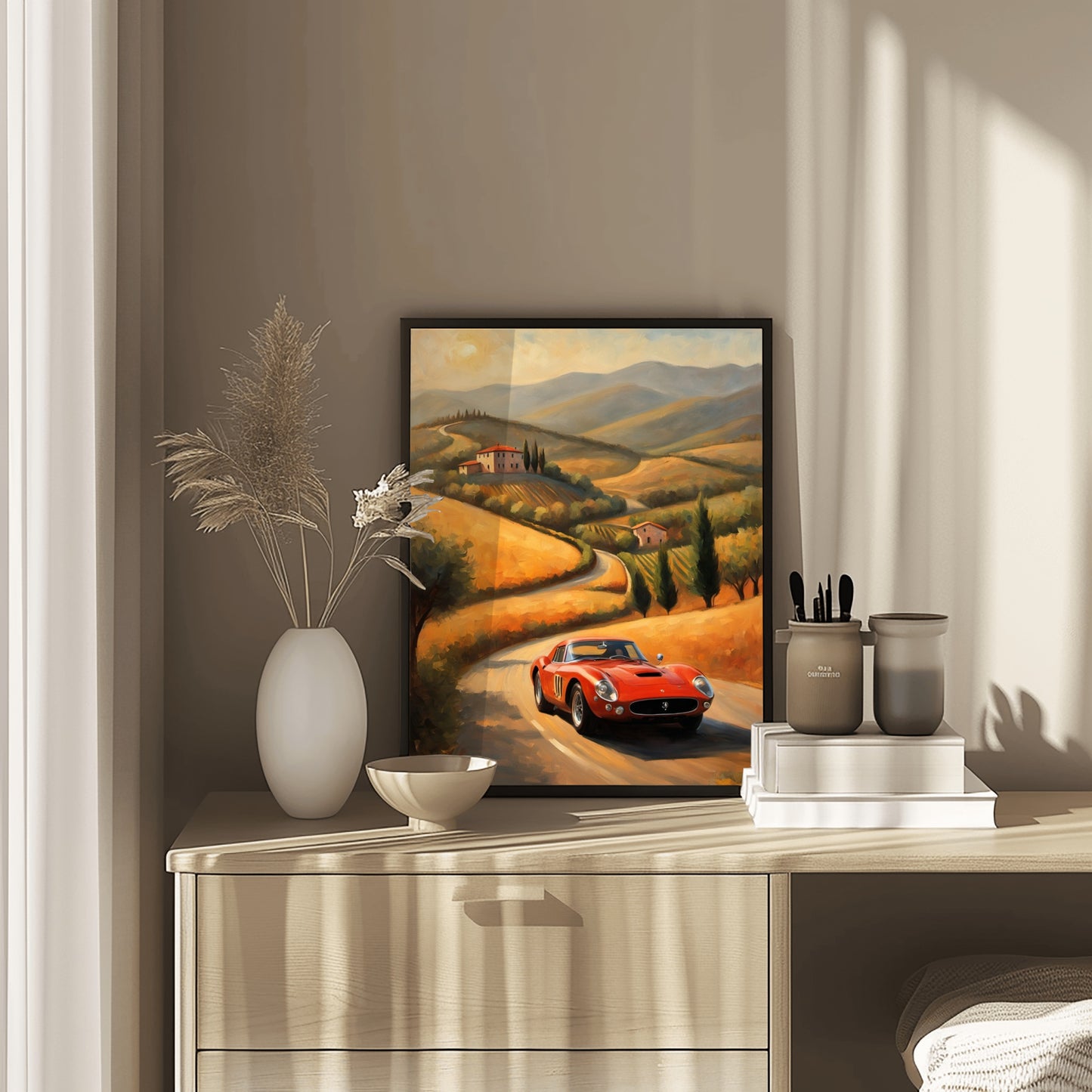 Italian hills canvas artwork by AquilVision featuring a winding road and vintage red car on a beige dresser